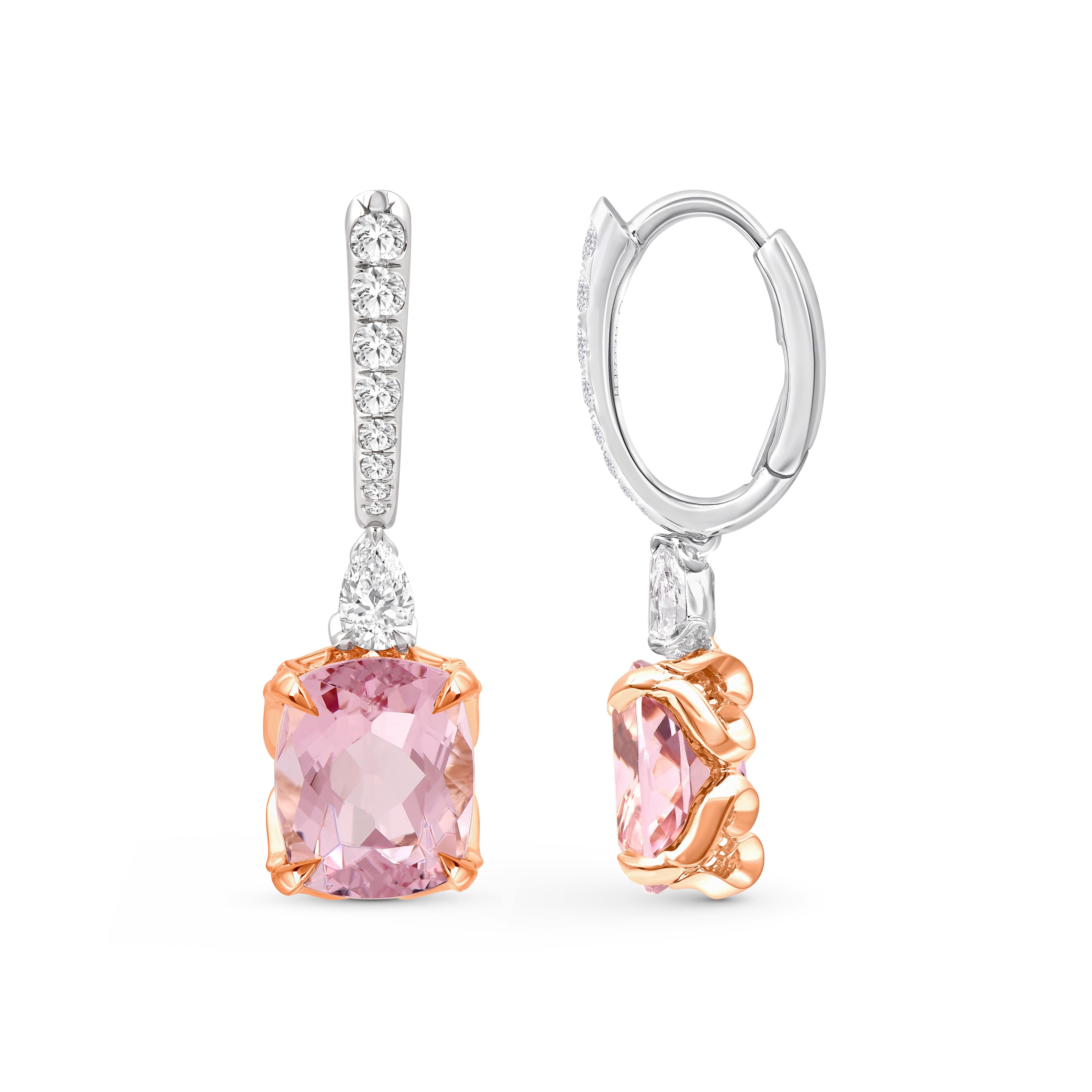 Contemporary HARAKH 18 Karat Gold Colorless Diamond And Morganite Gemstone Drop Earrings For Sale