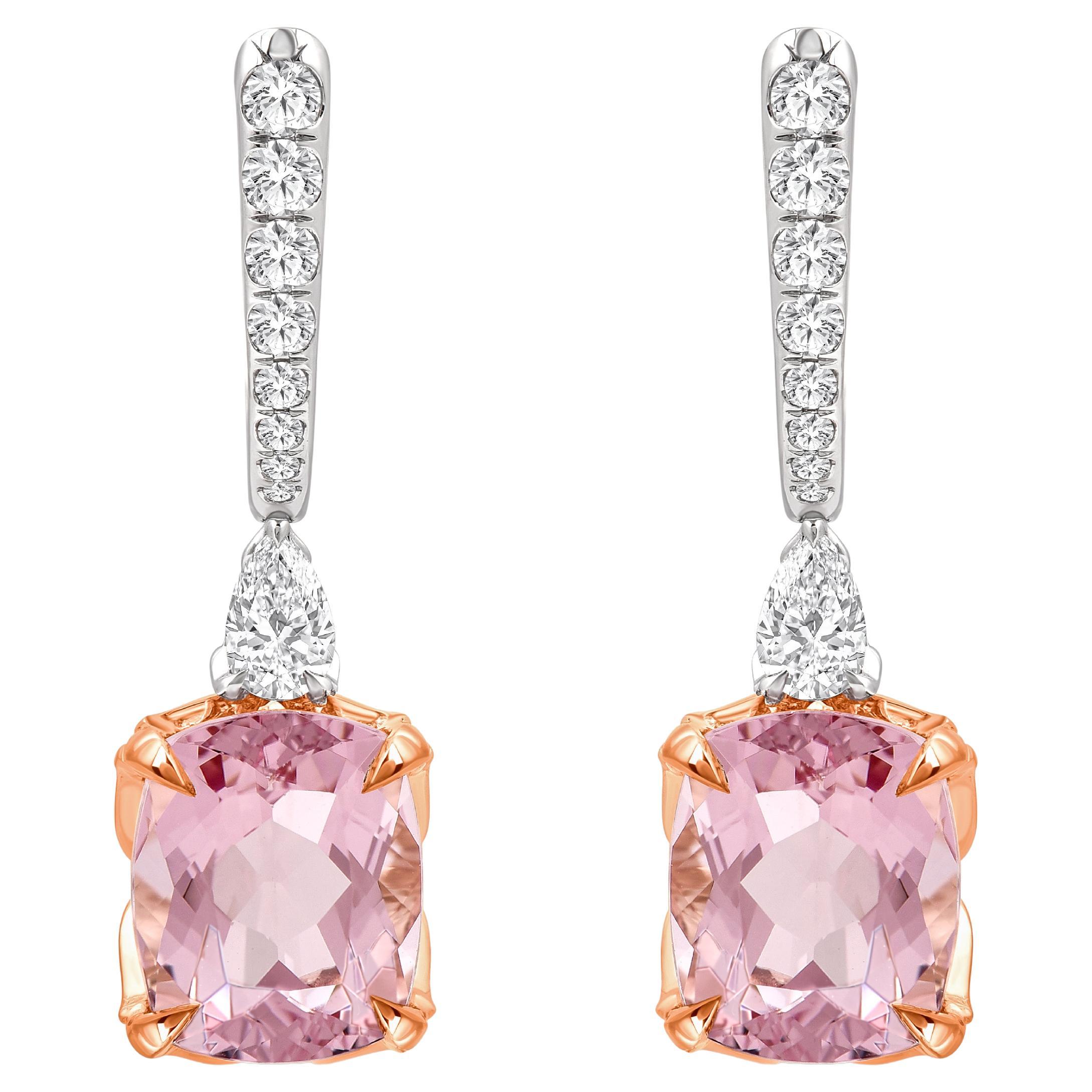 HARAKH 18 Karat Gold Colorless Diamond And Morganite Gemstone Drop Earrings For Sale