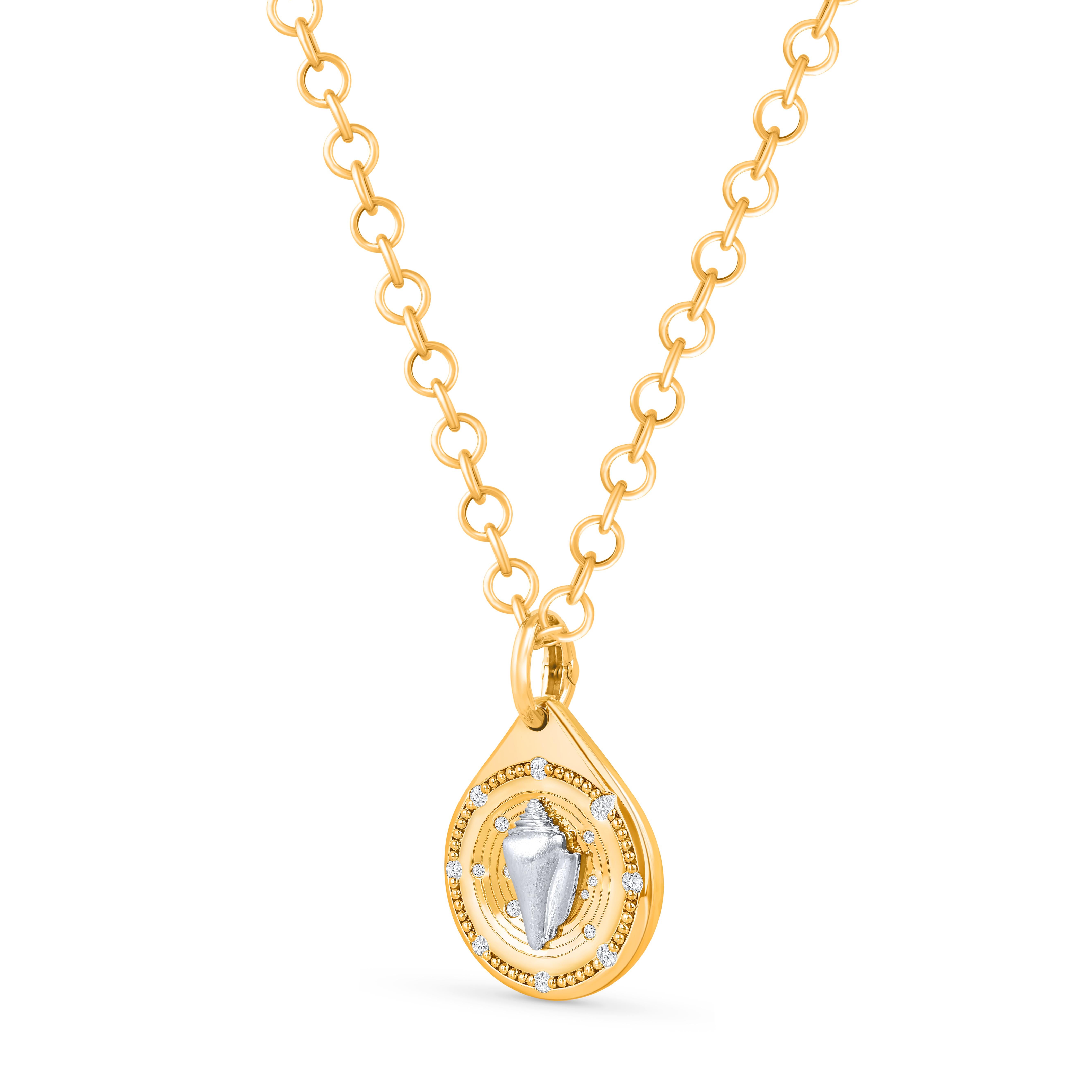 The Conch symbol pendant necklace from the Drops of JOY collection represents Clarity.

Drops of JOY collection is inspired by auspicious symbols and spiritually significant icons that many cultures believe invite positive energies. 

Crafted in 18