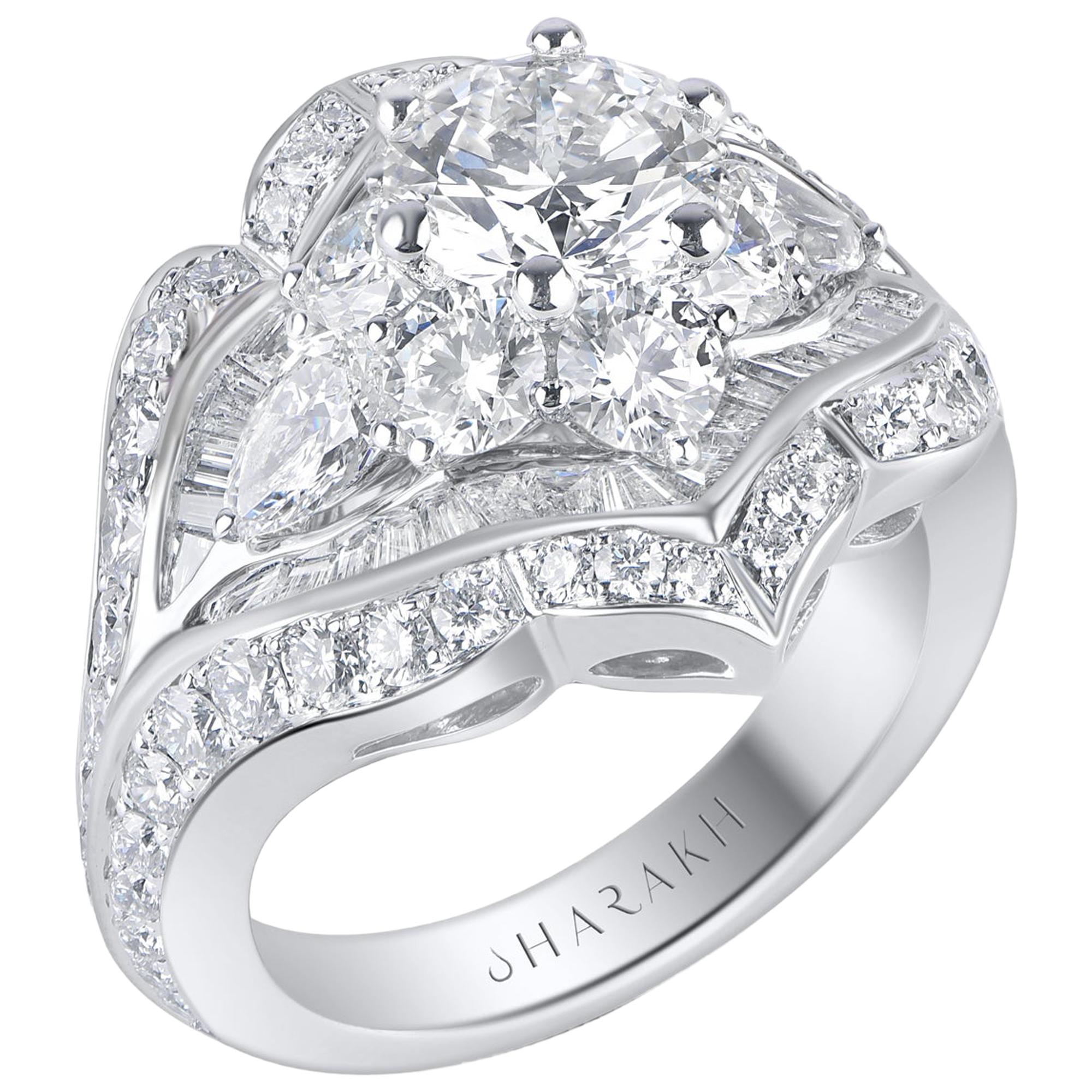 Harakh GIA Certified 5 Carat TDW Colorless Diamond 18 KT White Gold Haveli Ring