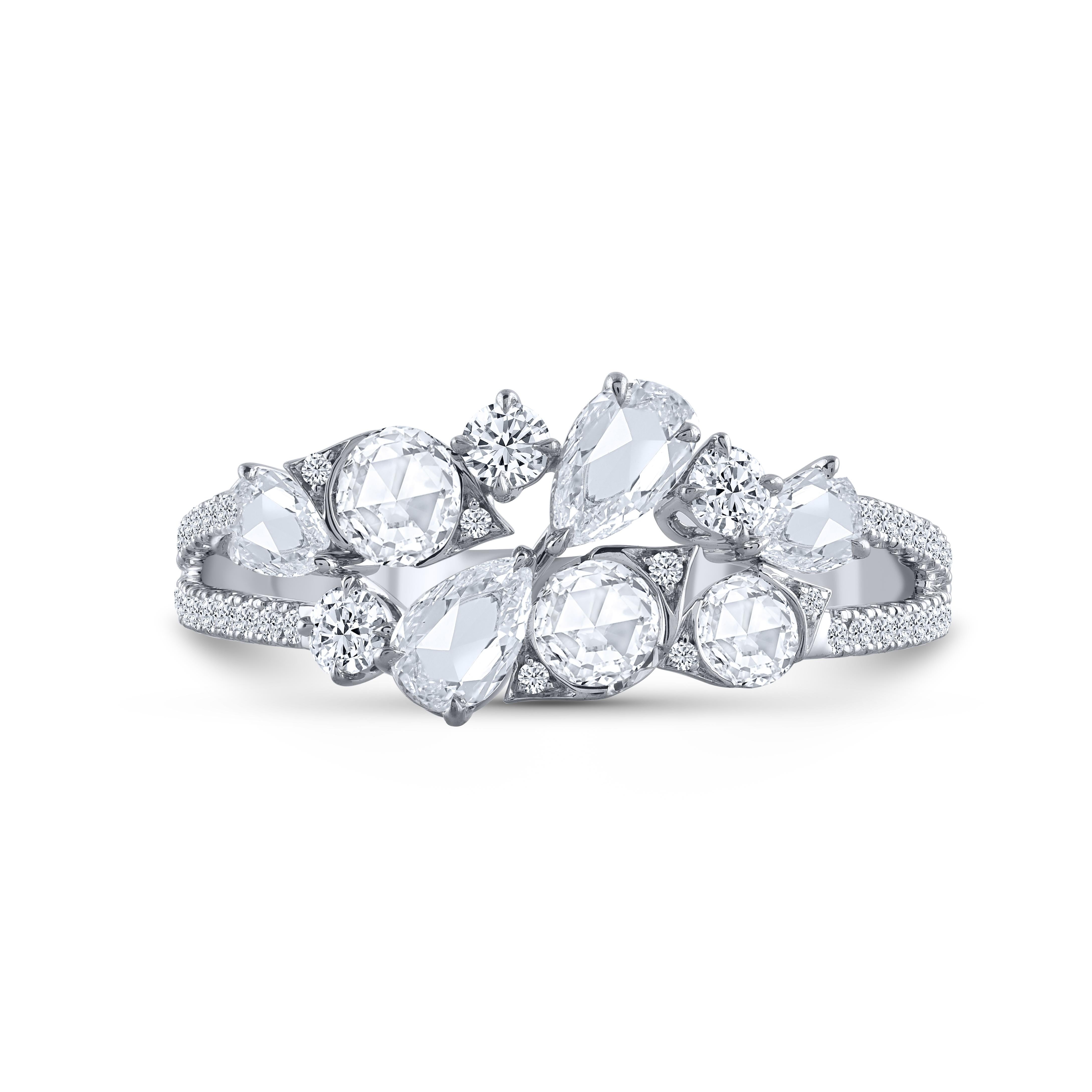 HARAKH 18 KT Gold Farbloser Diamant Cascade Cluster Blumenring (Zeitgenössisch) im Angebot