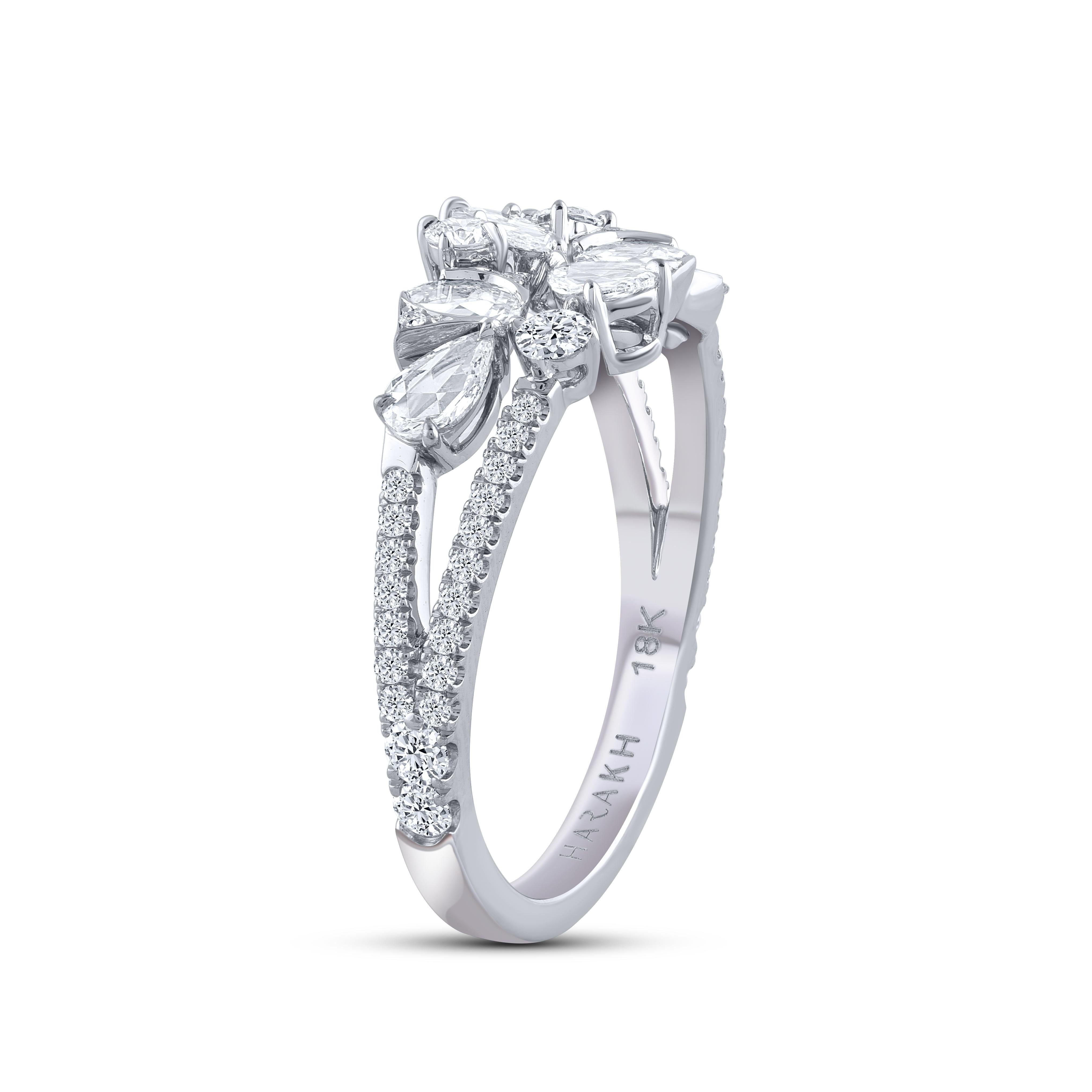 HARAKH 18 KT Gold Farbloser Diamant Cascade Cluster Blumenring (Brillantschliff) im Angebot