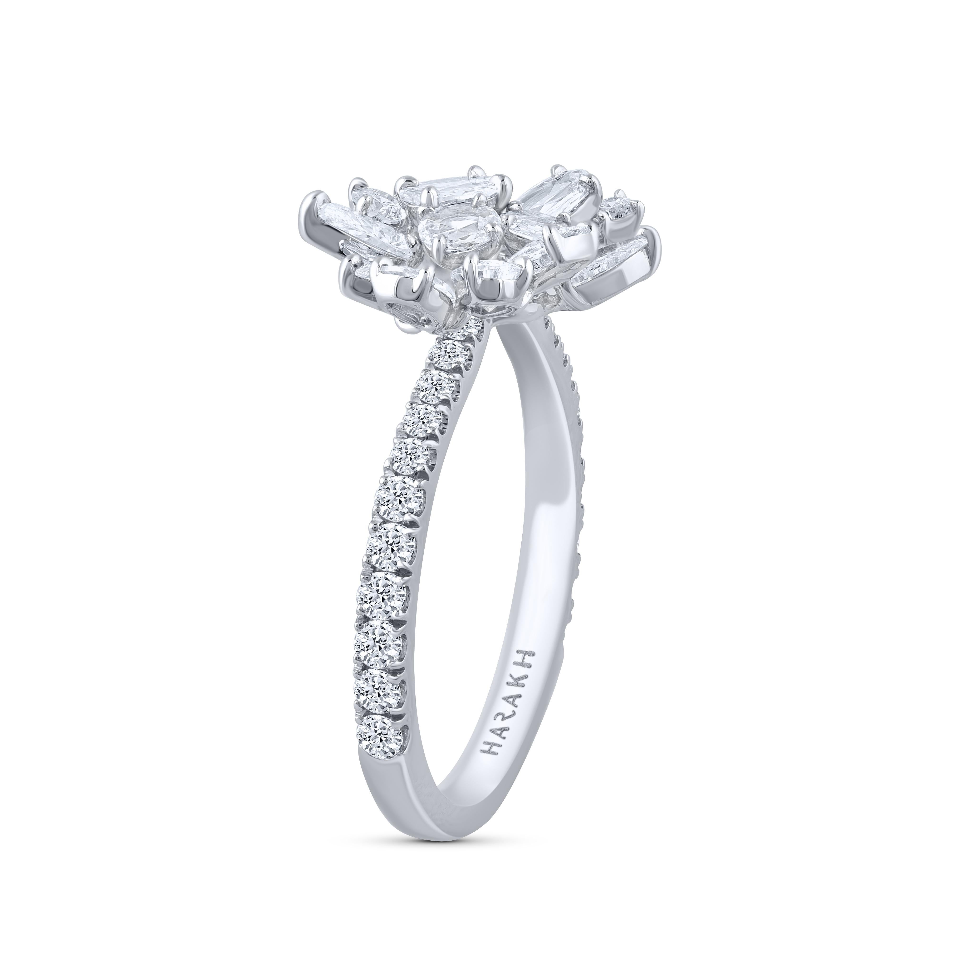 Elegantly designed cluster ring with a white gold band studded with brilliant cut diamonds and topped by a cluster of multi stones, beautifully crafted in 18 KT white gold. 

From the Cascade collection, this ring is studded with 37 D-F color, IF-VS