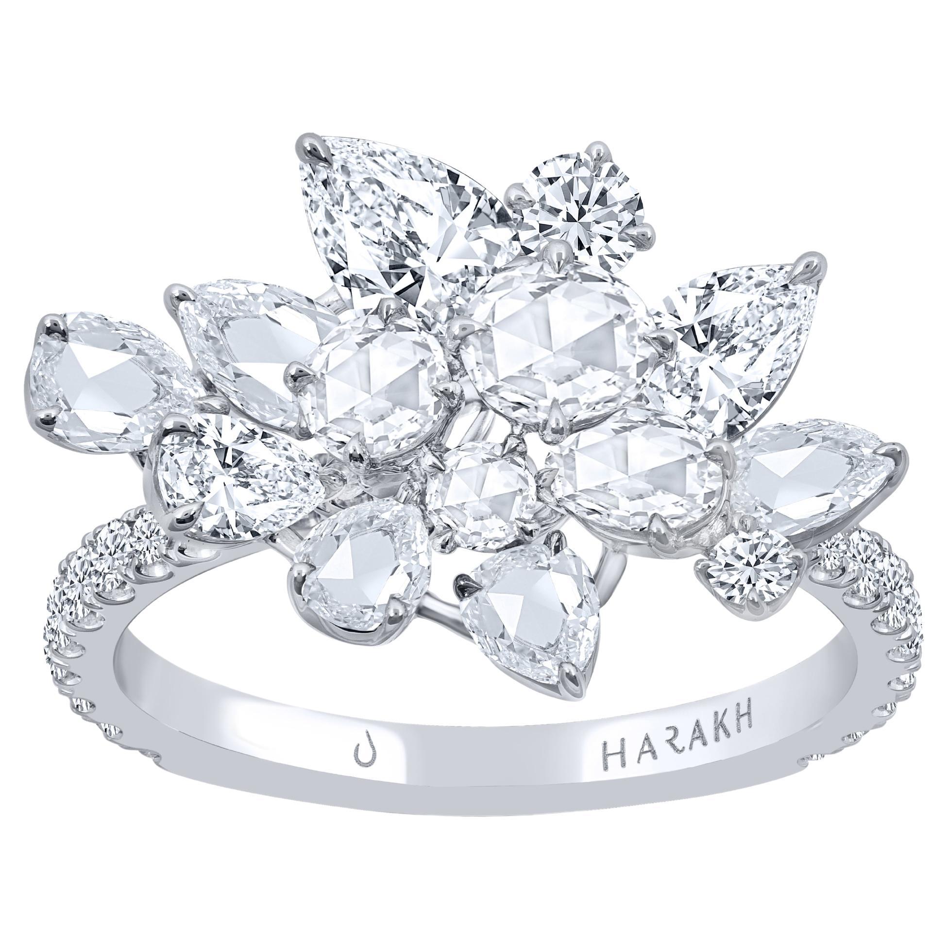 Harakh 1.87 Carat Rose Cut and Brilliant Colorless Diamond Cluster Ring For Sale