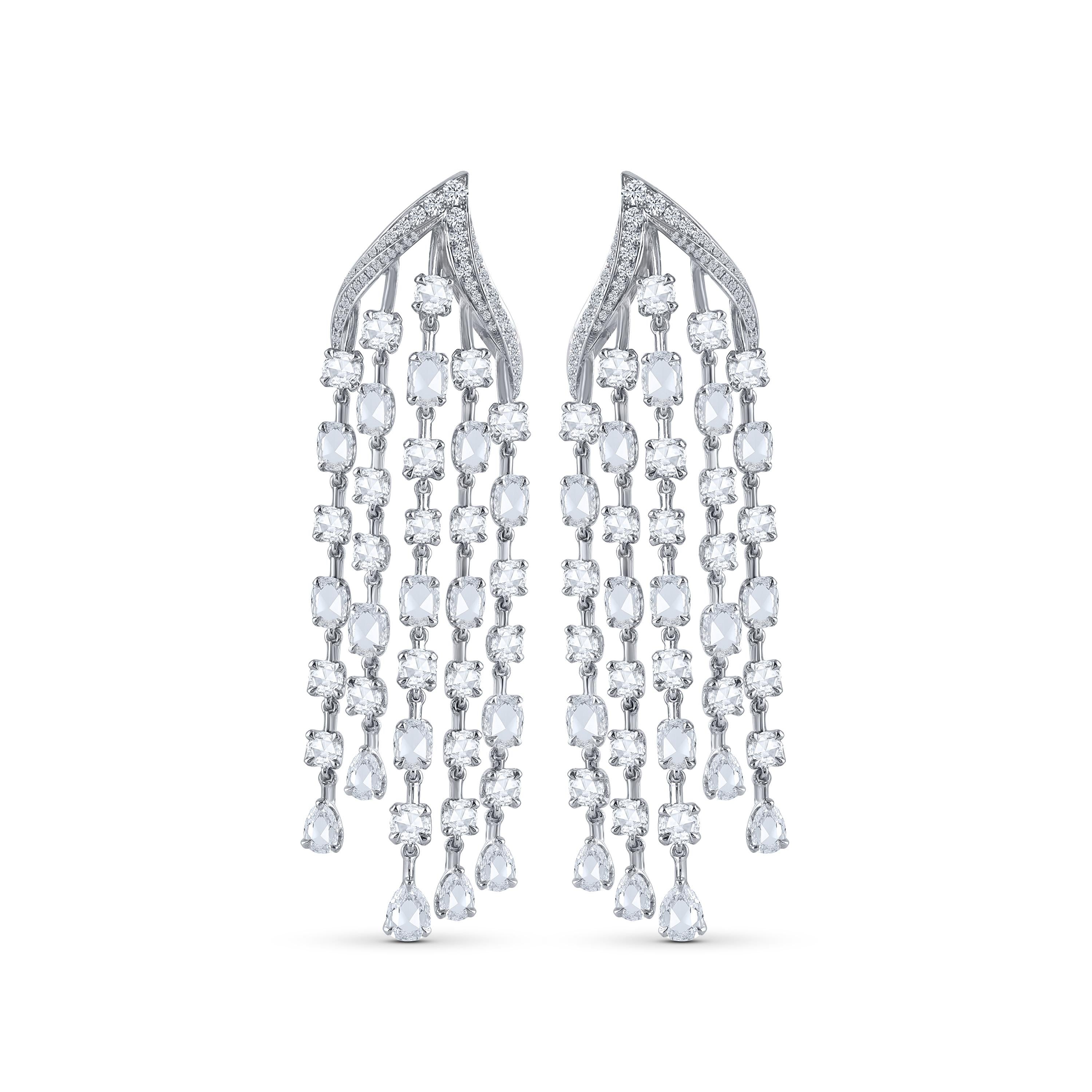 These chandelier earrings from our Cascade Collection are studded with 92 brilliant cut round and 76 rose cut diamonds, totaling up to 7.30 carat of diamond weight.

Inspired by the beauty of the naturally flowing waterfall, these dangling earrings