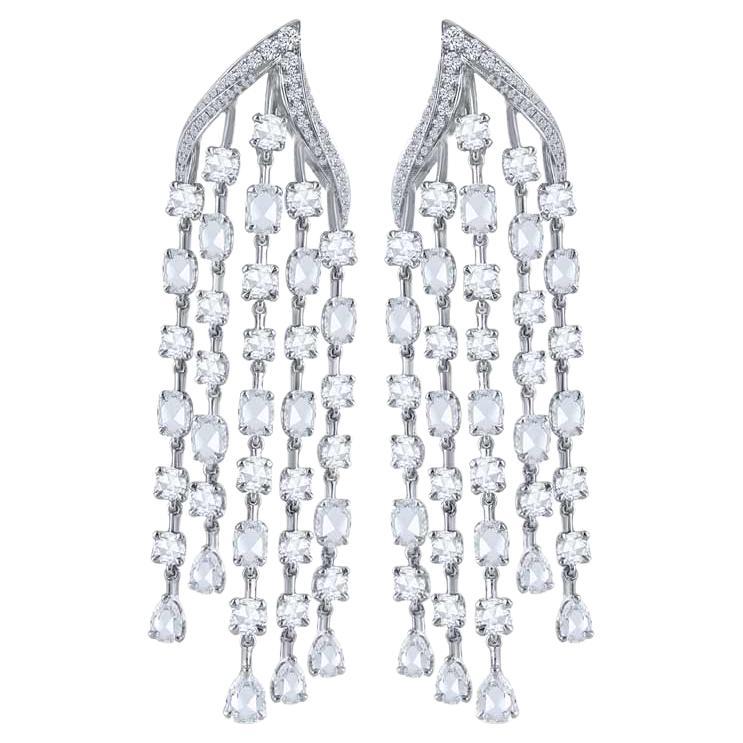 Harakh 18kt Cascade Rose Cut and Brilliant Colorless Diamond Dangling Earrings For Sale