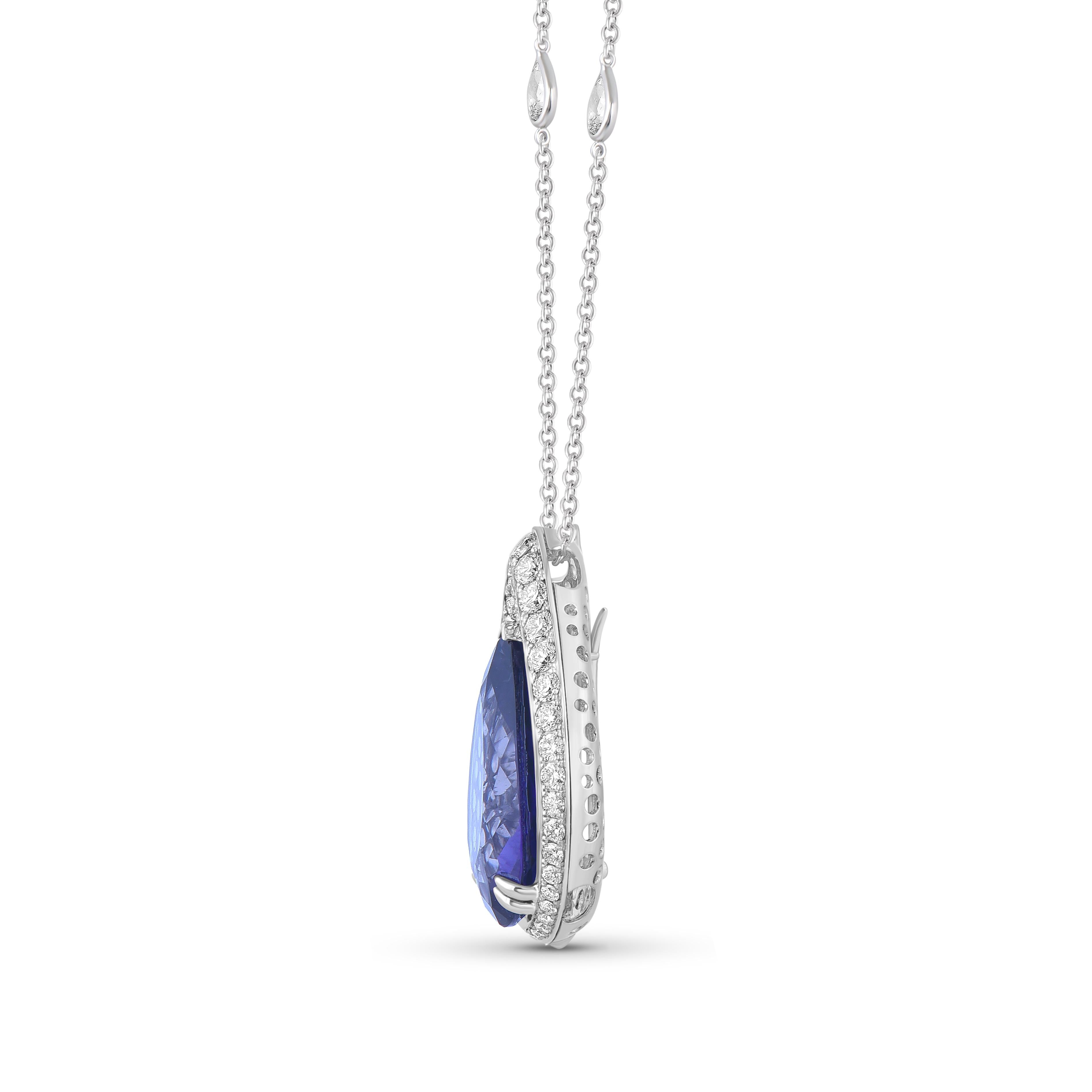 Inspired by the magic of dancing in a long-awaited monsoon, this necklace from our raindrop collection is studded with natural Iolite and brilliant cut colorless diamonds.

Add some style and glamour to your v neck dress with this diamond studded