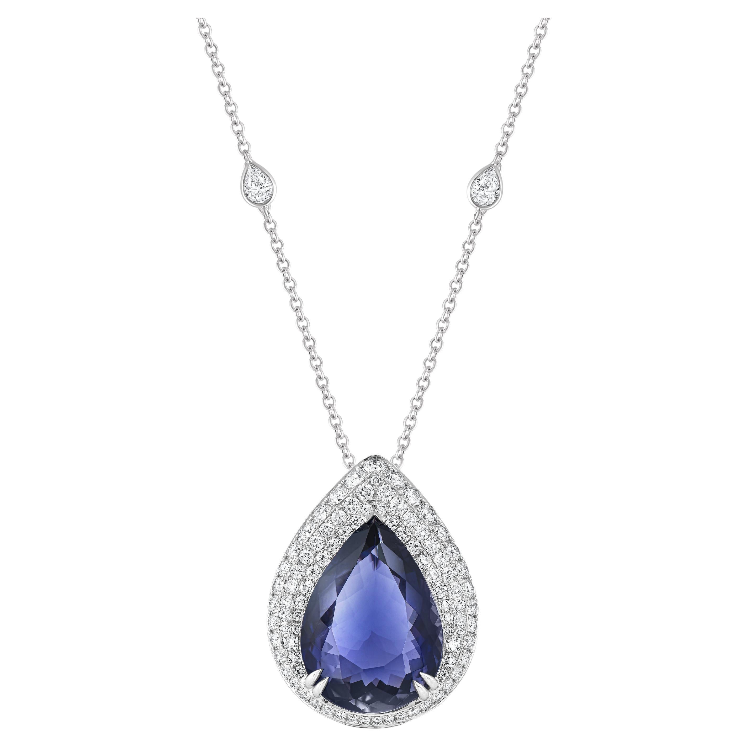 HARAKH 18KT Gold Colorless Diamond and Iolites Purple Raindrop Pendant For Sale