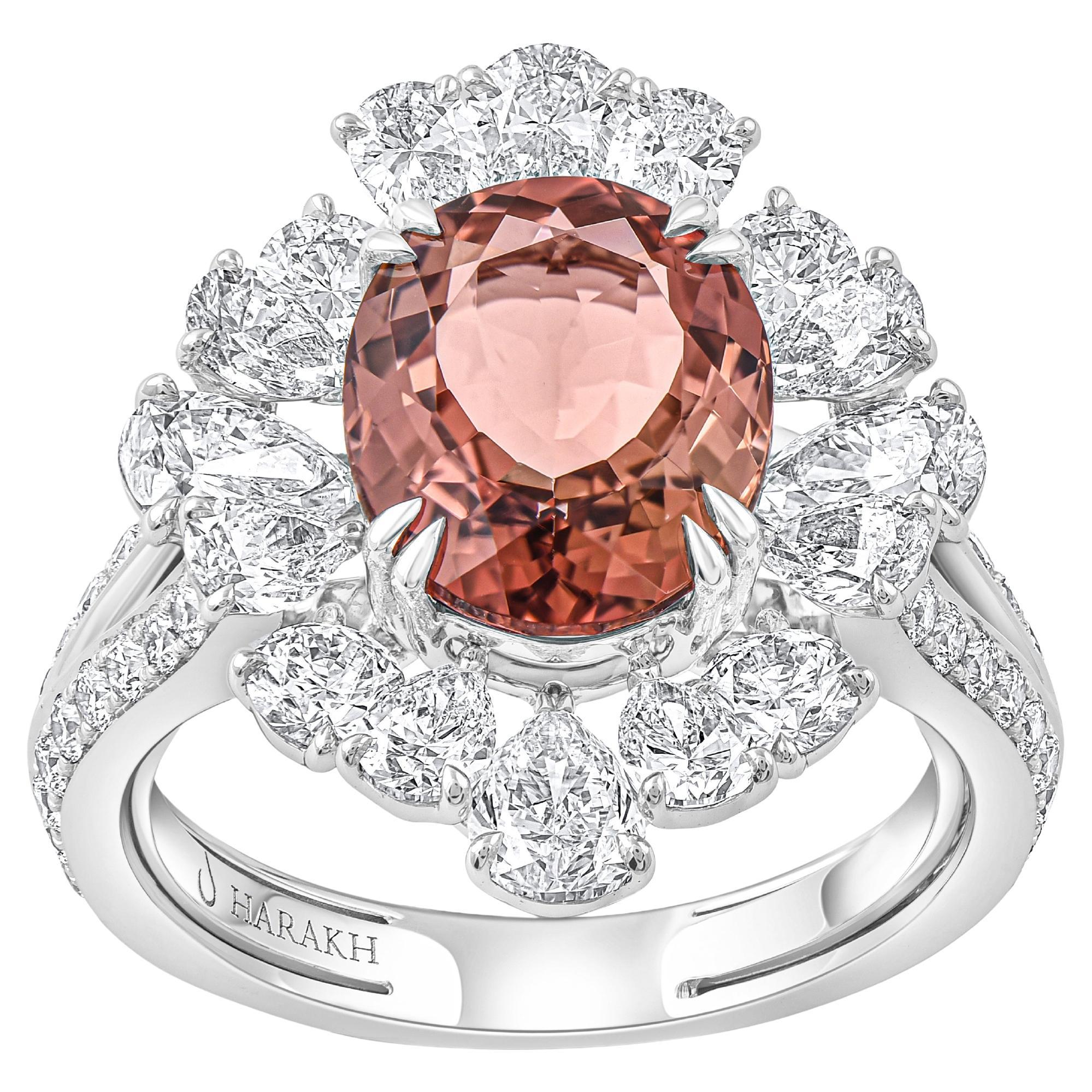 HARAKH 18KT Gold Colorless Diamond and Orangy Brown Tourmaline Raindrop Ring