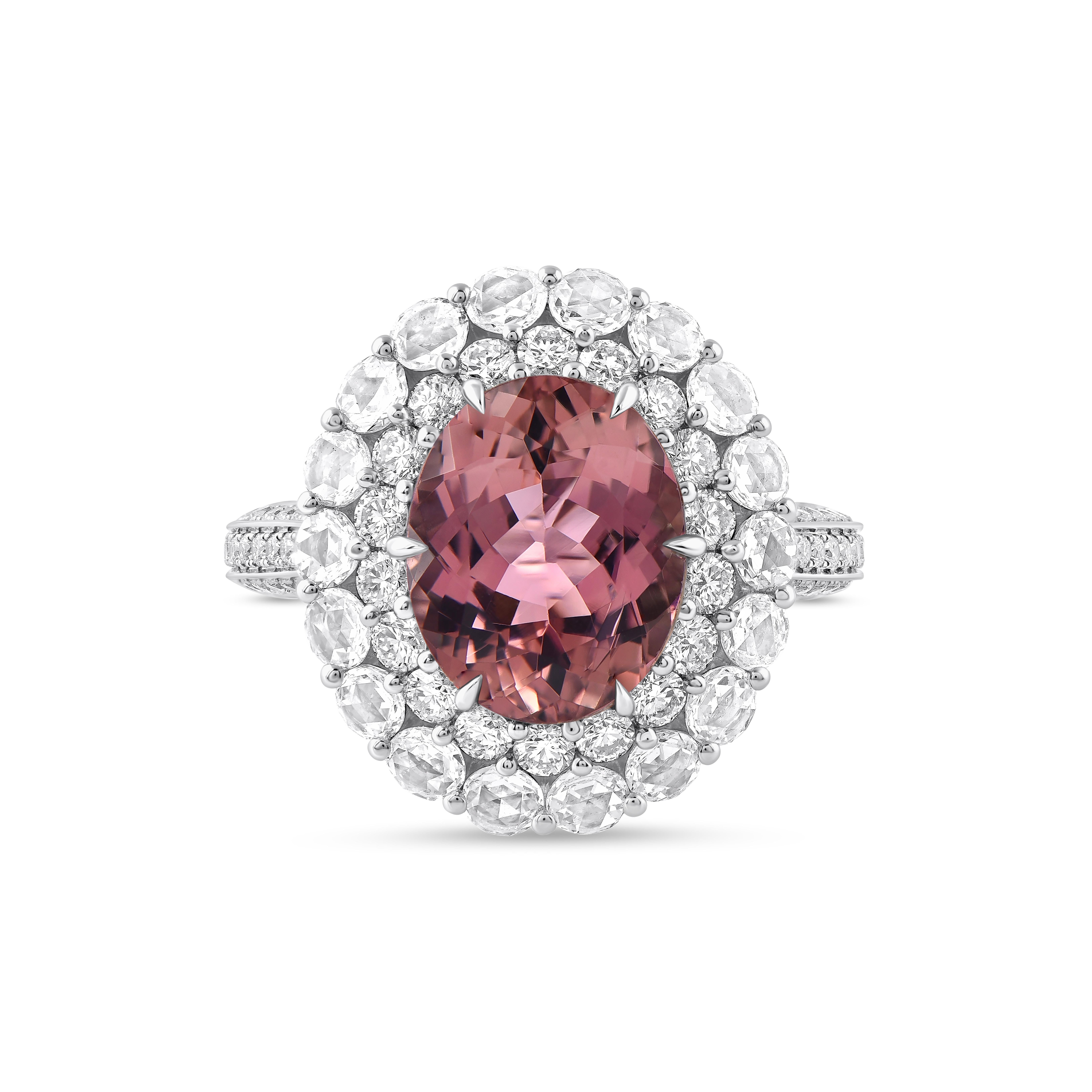 Inspired by the JOY of experiencing a gushing waterfall, this diamond cluster ring is studded with a beautiful mix of natural Orangy Brown tourmaline and brilliant and rose-cut diamonds dripping delicately.

Crafted in 18K white gold, this piece