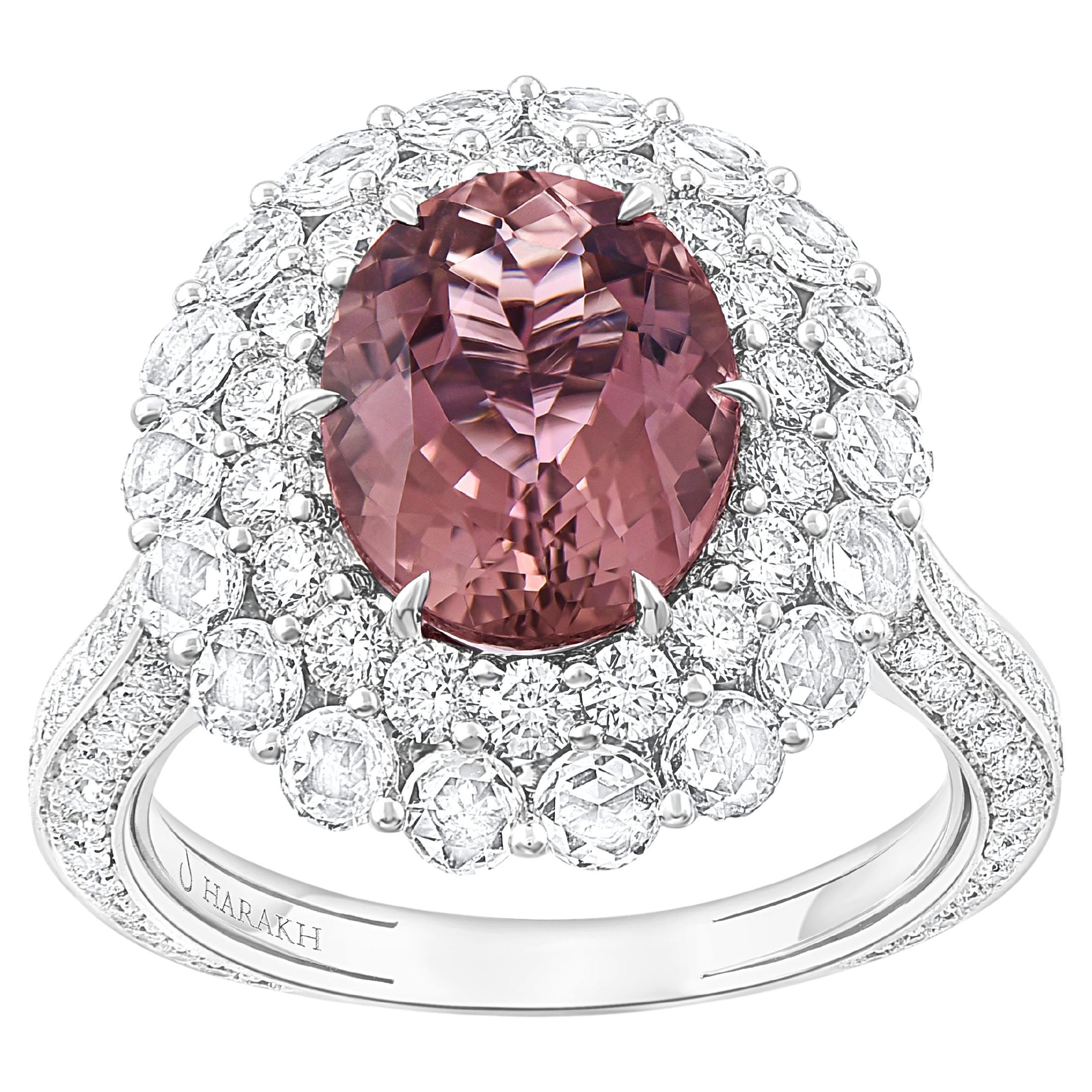 HARAKH Anillo en Cascada de Oro de 18 KT con Diamante Incoloro y Turmalina Rosa