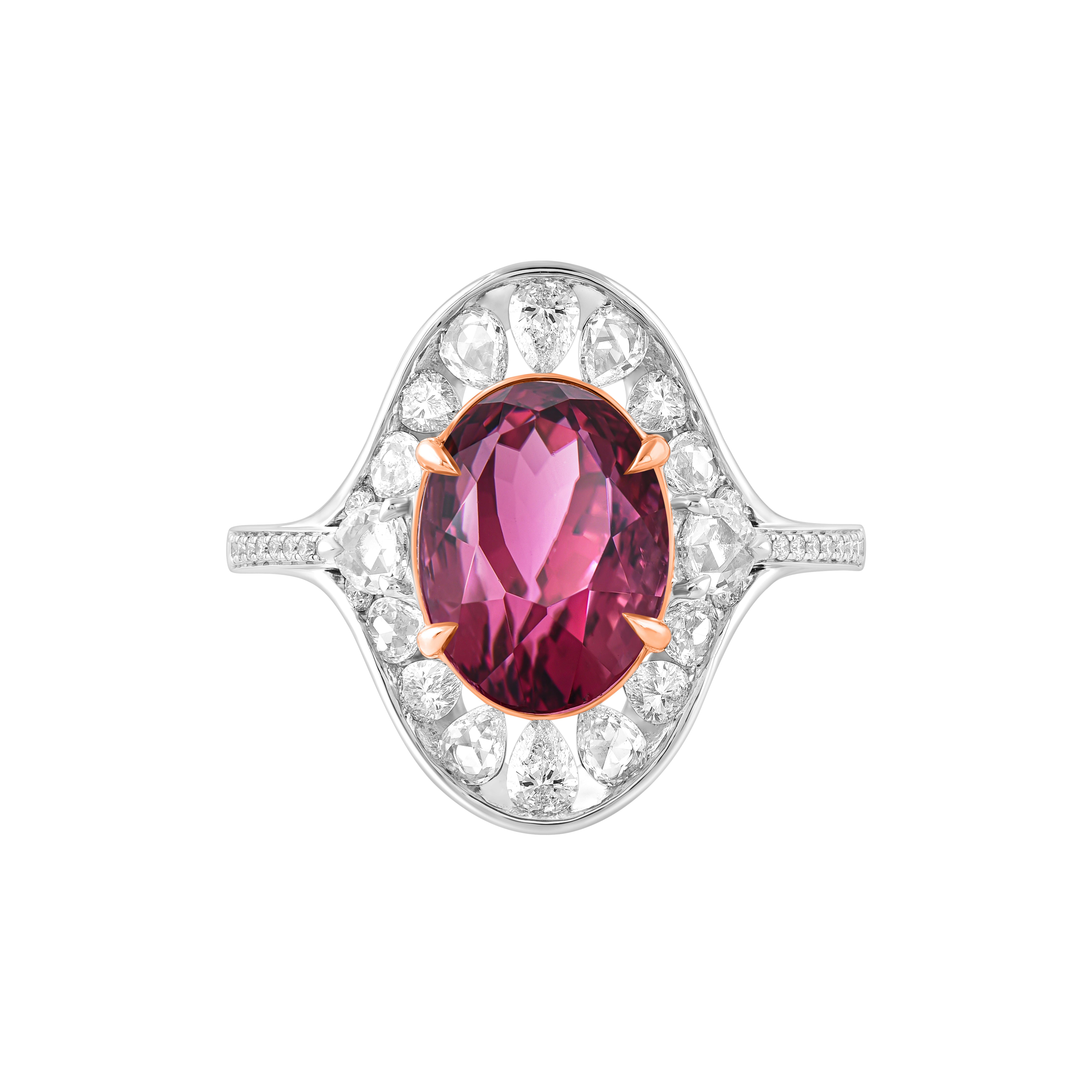Modern HARAKH 18KT Gold Colorless Diamond and Purplish Pink Tourmaline Cascade Ring For Sale