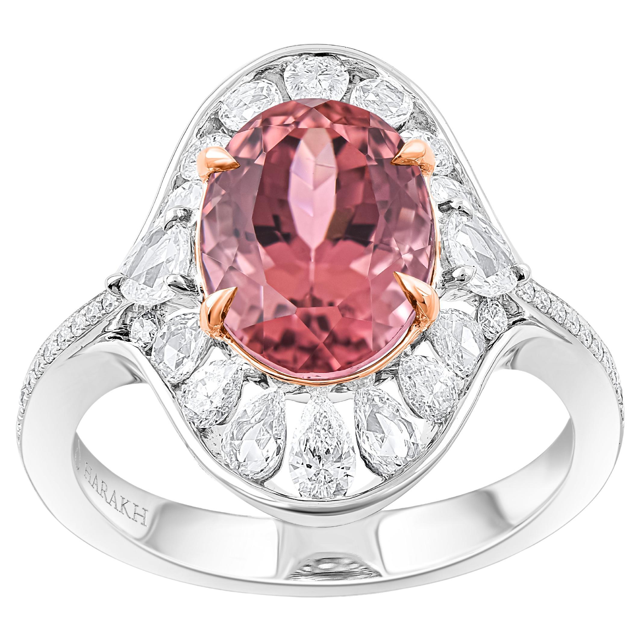 HARAKH Anillo en Cascada de Oro de 18 KT con Diamante Incoloro y Turmalina Rosa Violeta
