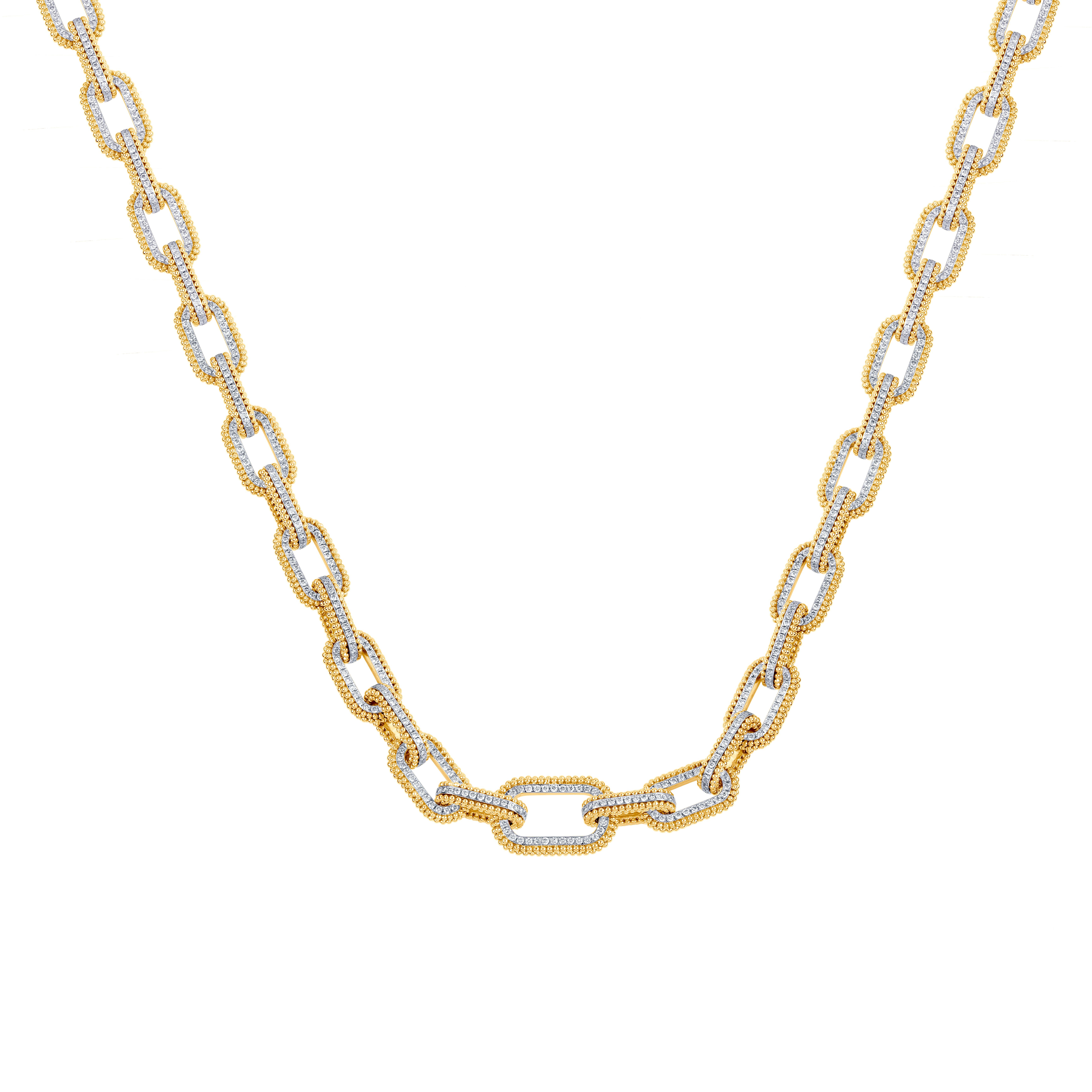 Inspired by the journey of the sun’s rays traveling through space and time to brighten our world, Round Brilliant Cut Round Diamonds are set in diamond links. An artisanal form of embroidery known as Pota is recreated especially for gold using