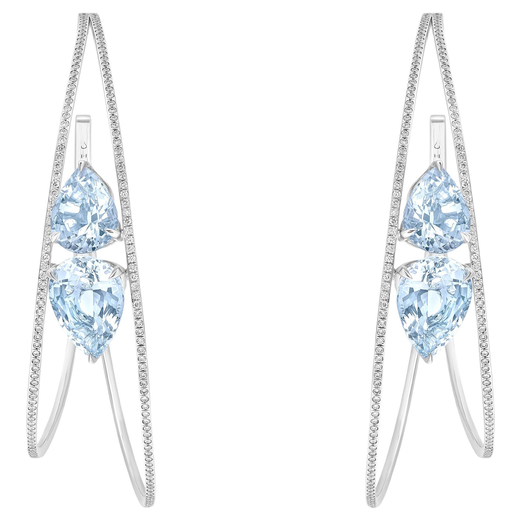 HARAKH 2 1/2 CT Colorless Diamond and Aquamarine Raindrop 18K Gold Hoop Earrings