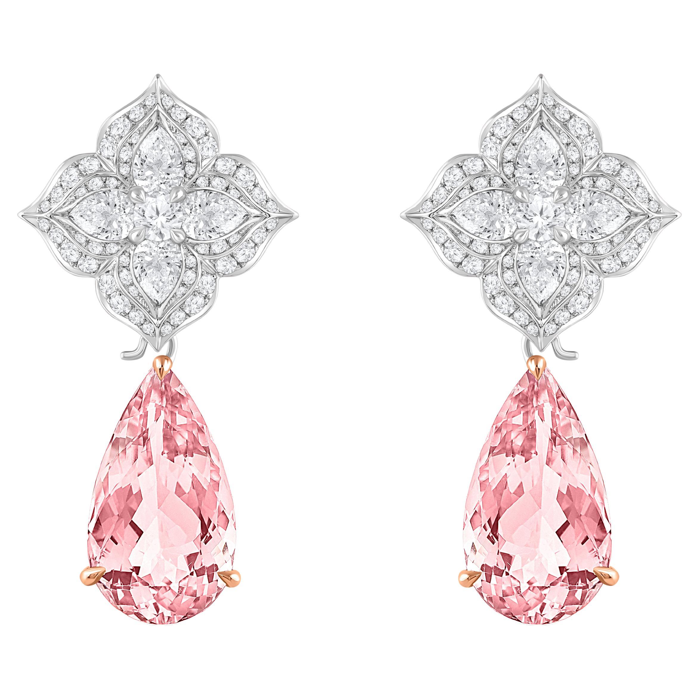HARAKH 2 1/4 CT Colorless Diamond and Morganite Mandala Earring