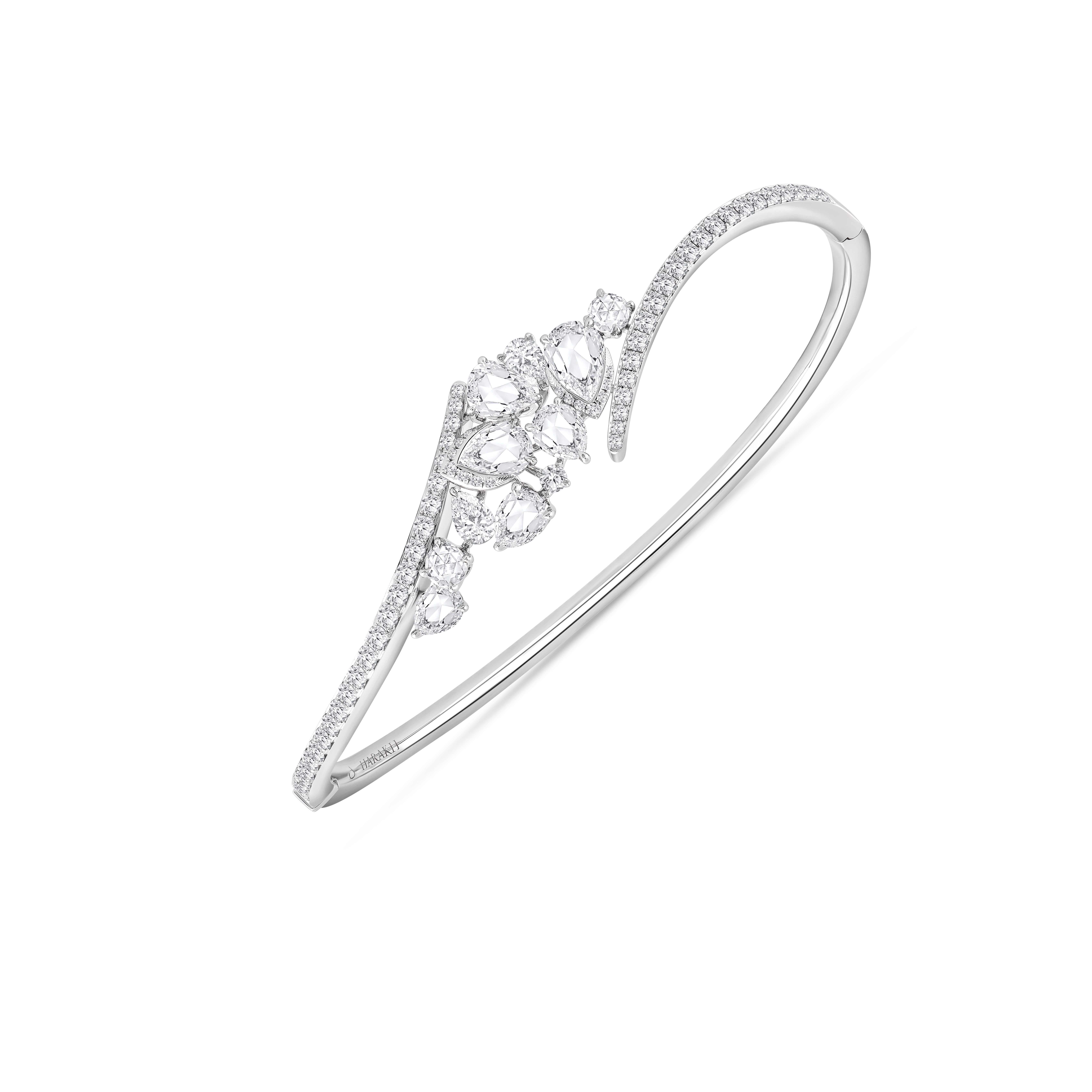 Modern Harakh 2 3/4 Carat Colorless Diamond 14 KT White Gold Cascade Bangle For Sale