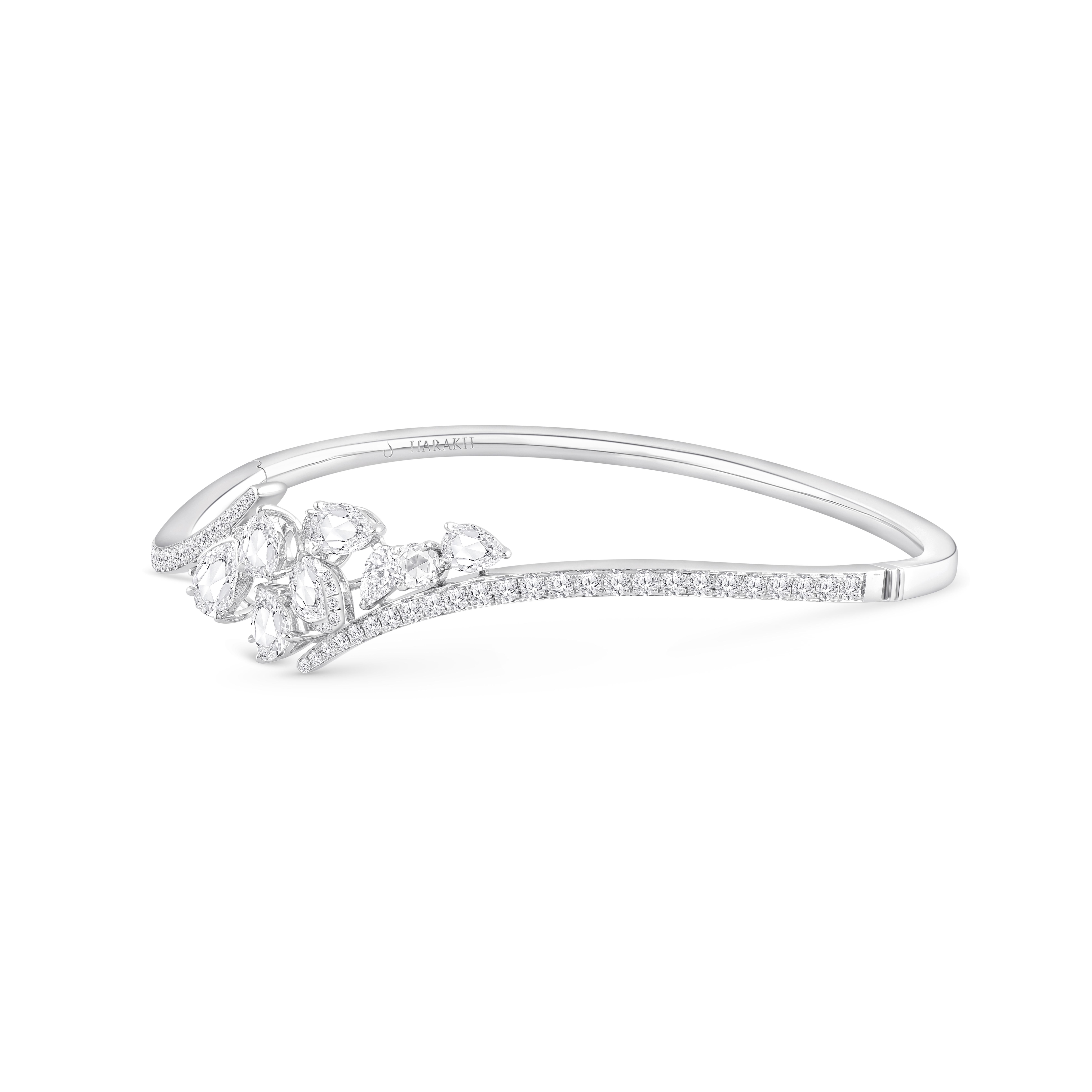 Round Cut Harakh 2 3/4 Carat Colorless Diamond 14 KT White Gold Cascade Bangle For Sale