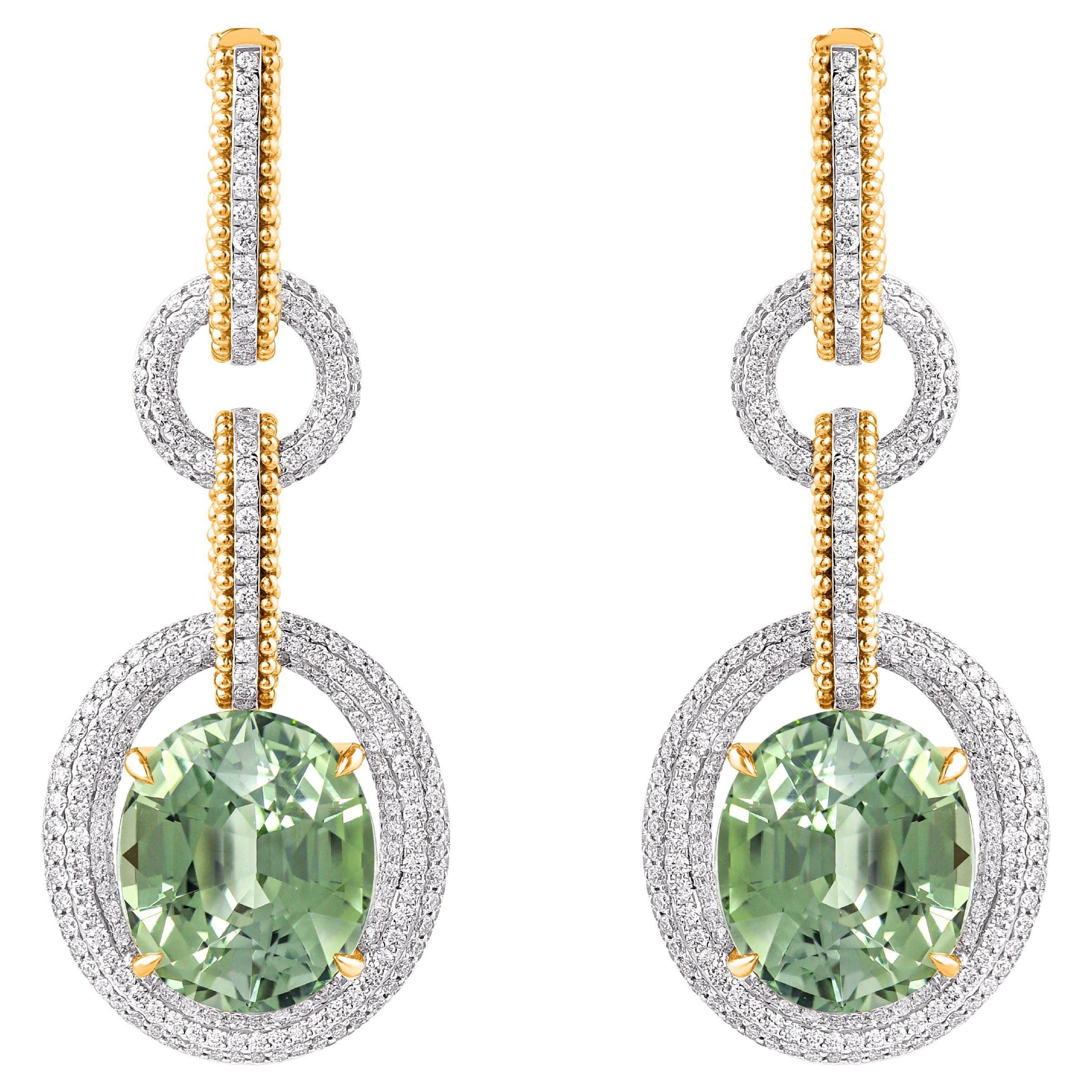 HARAKH 2 3/4 Karat farbloser Diamant & grüner Turmalin 18K Gold Sonnenlicht Ohrringe