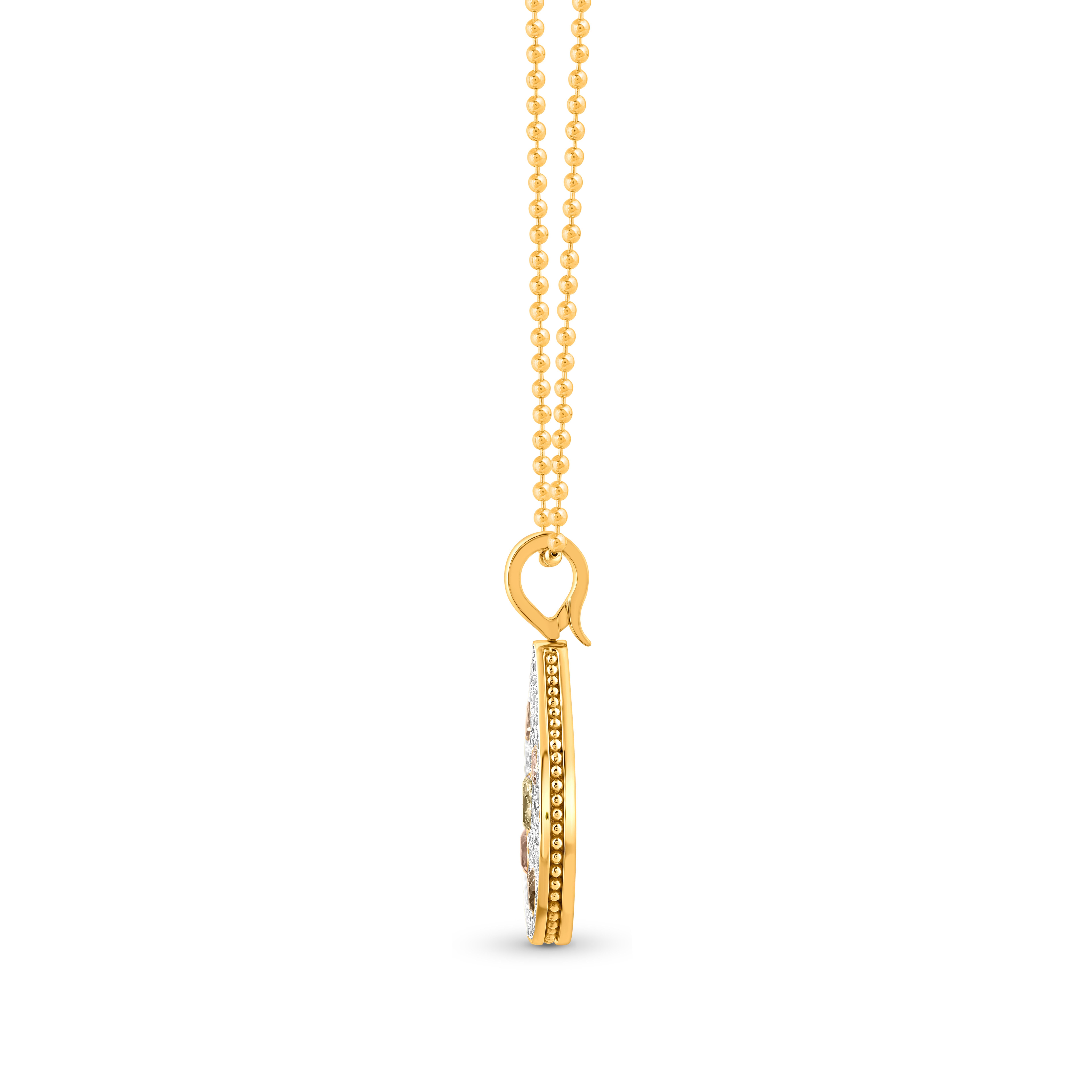 The Drops of Joy Pendant captures the essence of pure happiness, brought to life with an exquisite array of radiant diamonds. This masterpiece features a captivating combination of 3 cushion-cut, 1 brilliant oval cut, 1 brilliant pear cut, and 198