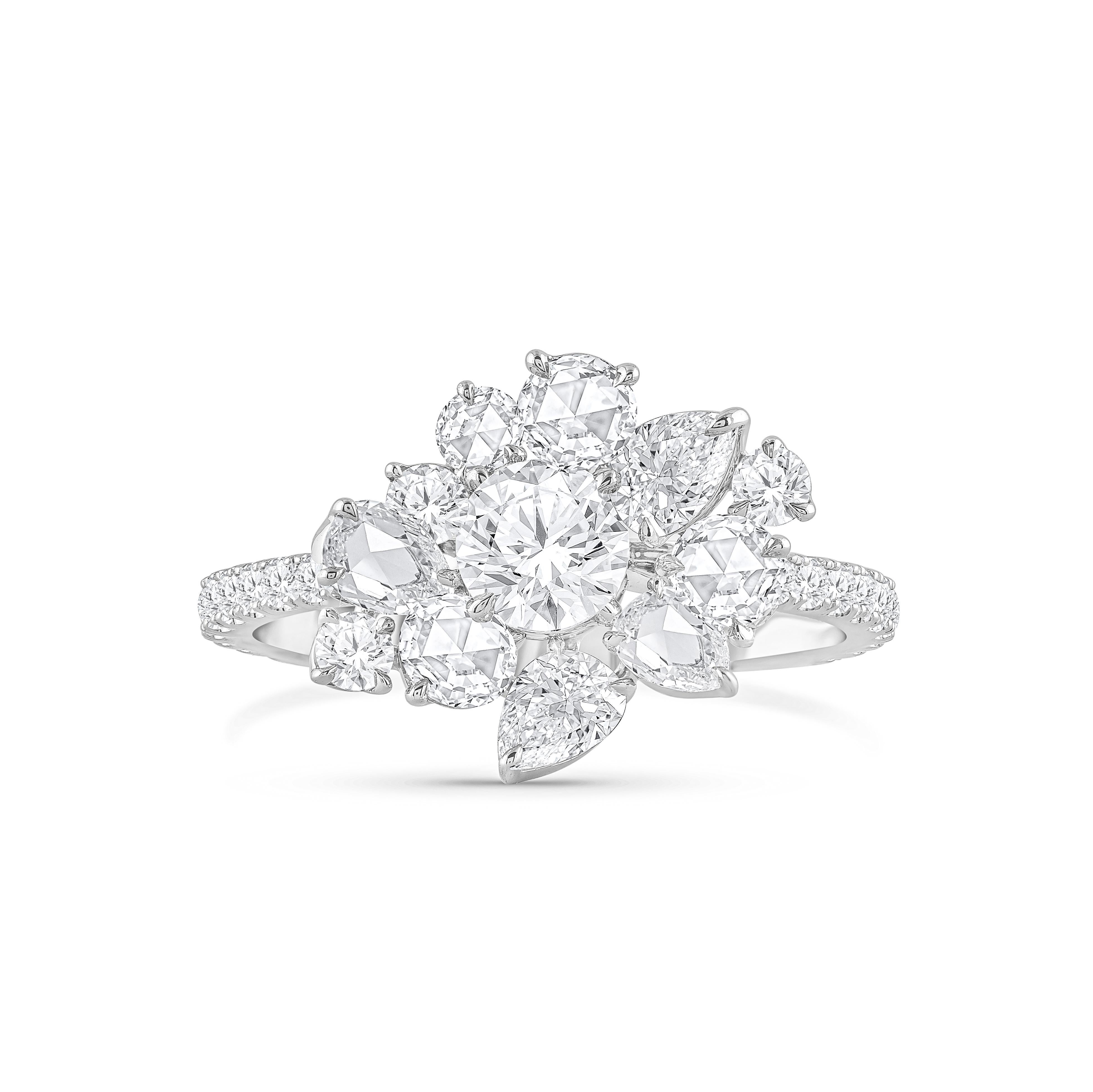 Contemporary HARAKH 2.00 CT Natural Colorless Diamond Brilliant & Rose Cut Cascade Ring For Sale