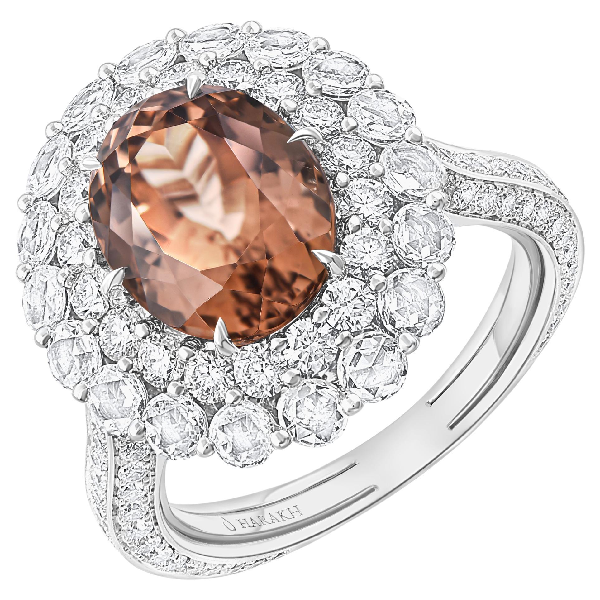 HARAKH 2.50 CT Farbloser Diamant & Oranger Brauner Turmalin Cascade 18K Gold Ring