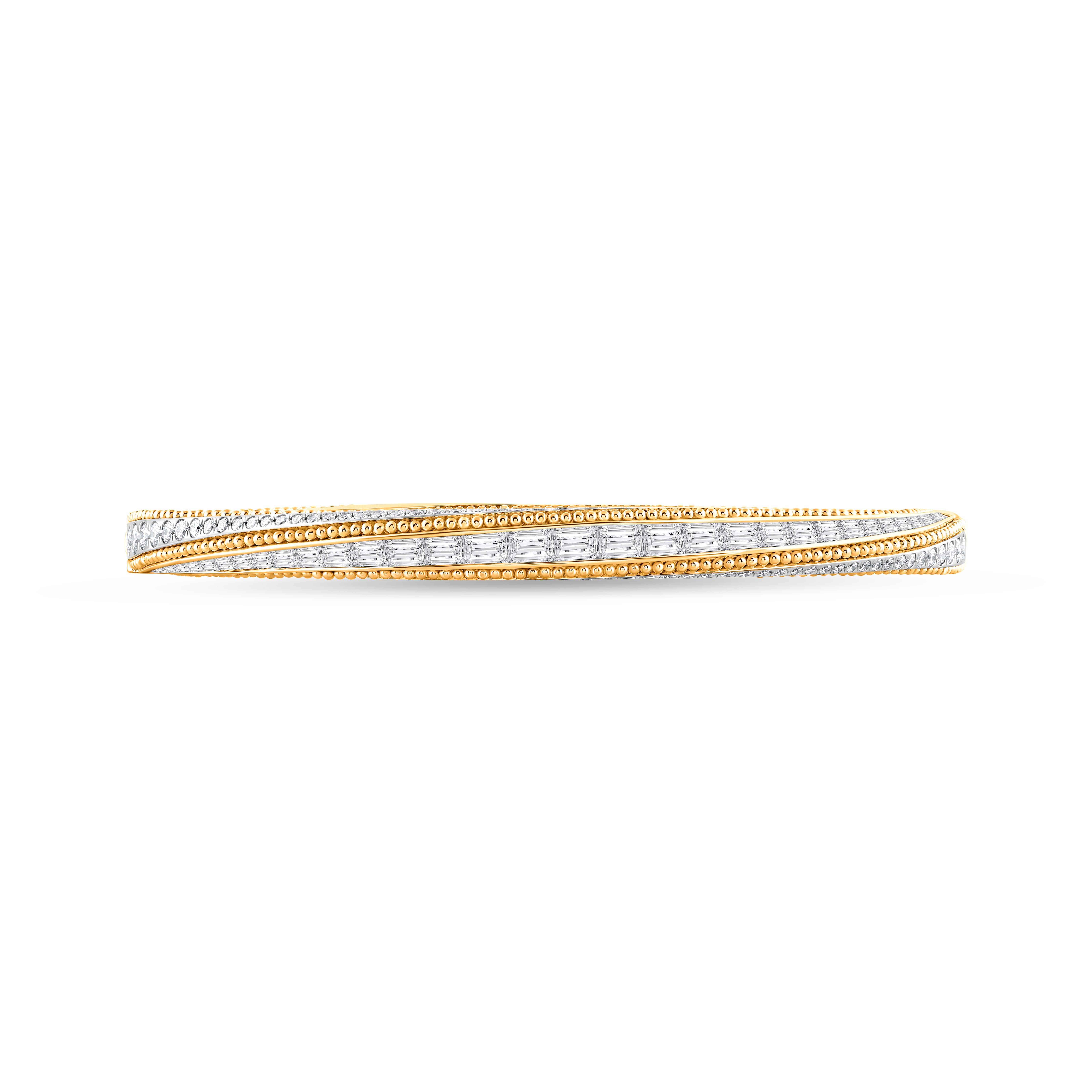 Inspired by the journey of the sun’s rays traveling through space and time to brighten our world, the round-shaped Bangle is studded with brilliant-cut and baguette diamonds. An artisanal form of embroidery known as Pota is recreated especially for