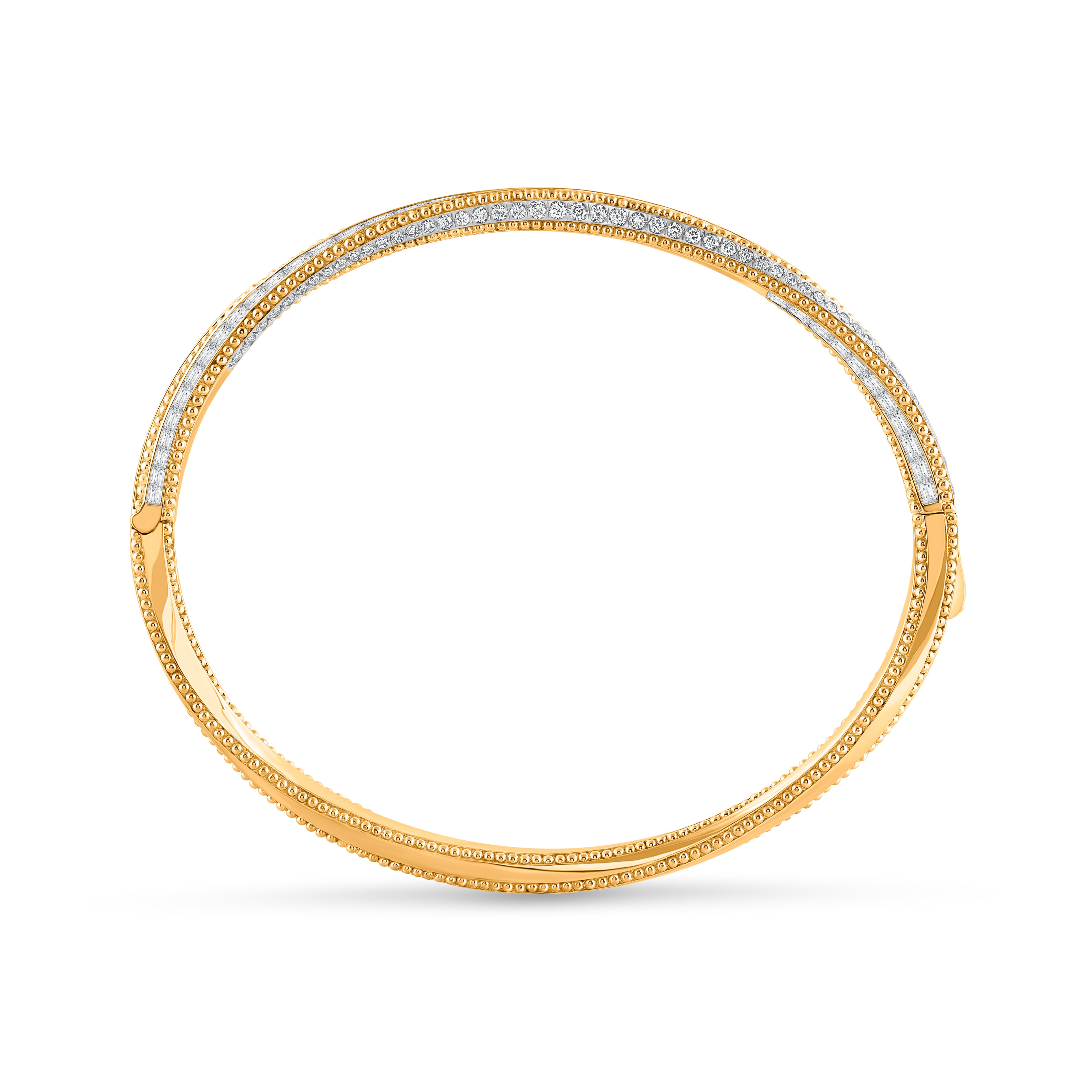 Contemporary HARAKH 3 1/2 Colorless Baguette Diamond Sunlight Pota Bangle in 18KT Yellow Gold For Sale