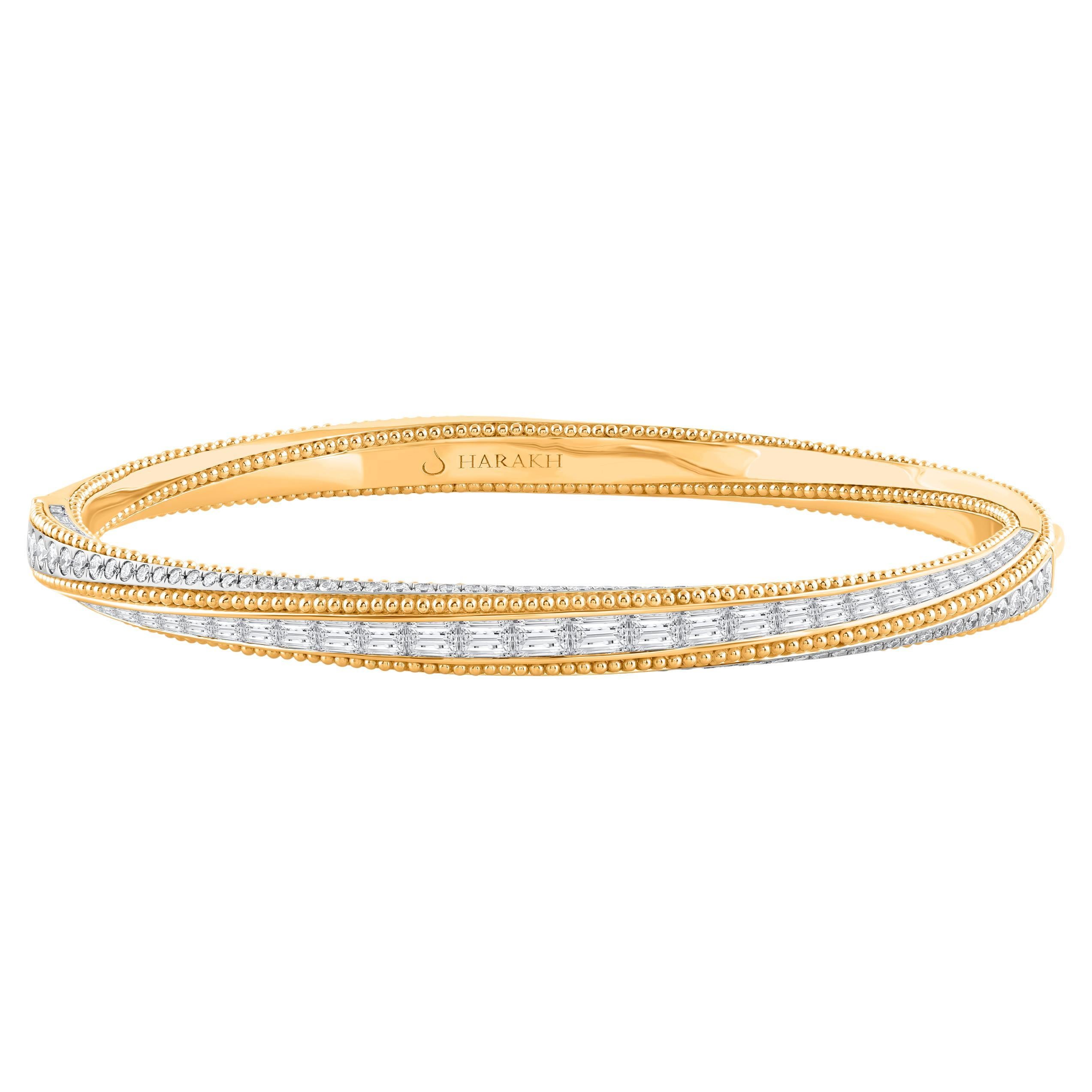 HARAKH 3 1/2 Colorless Baguette Diamond Sunlight Pota Bangle in 18KT Yellow Gold For Sale