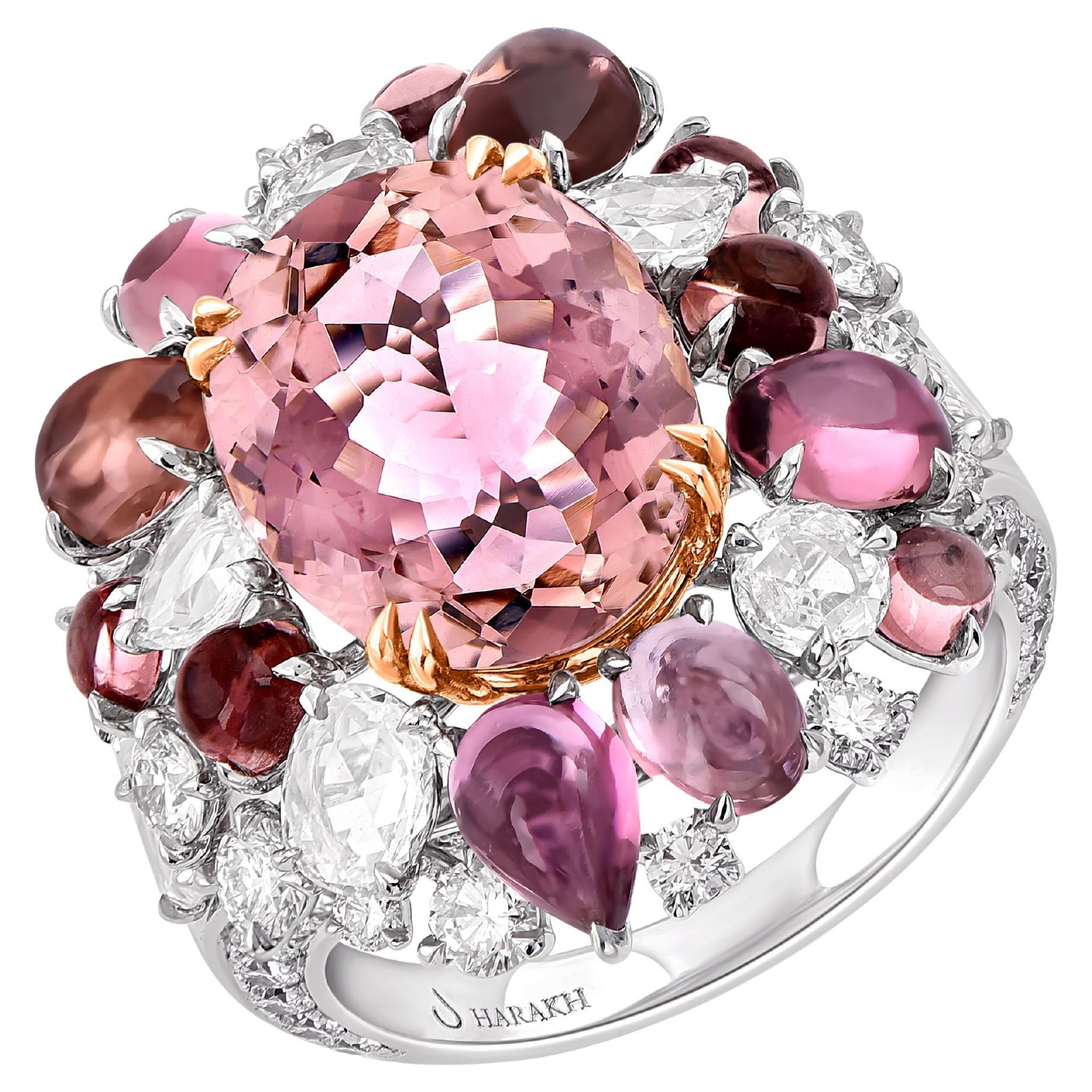 Harakh 3 3/8 Ct Colorless Diamond and Multi Gemstone Tourmaline & Cabochon Ring