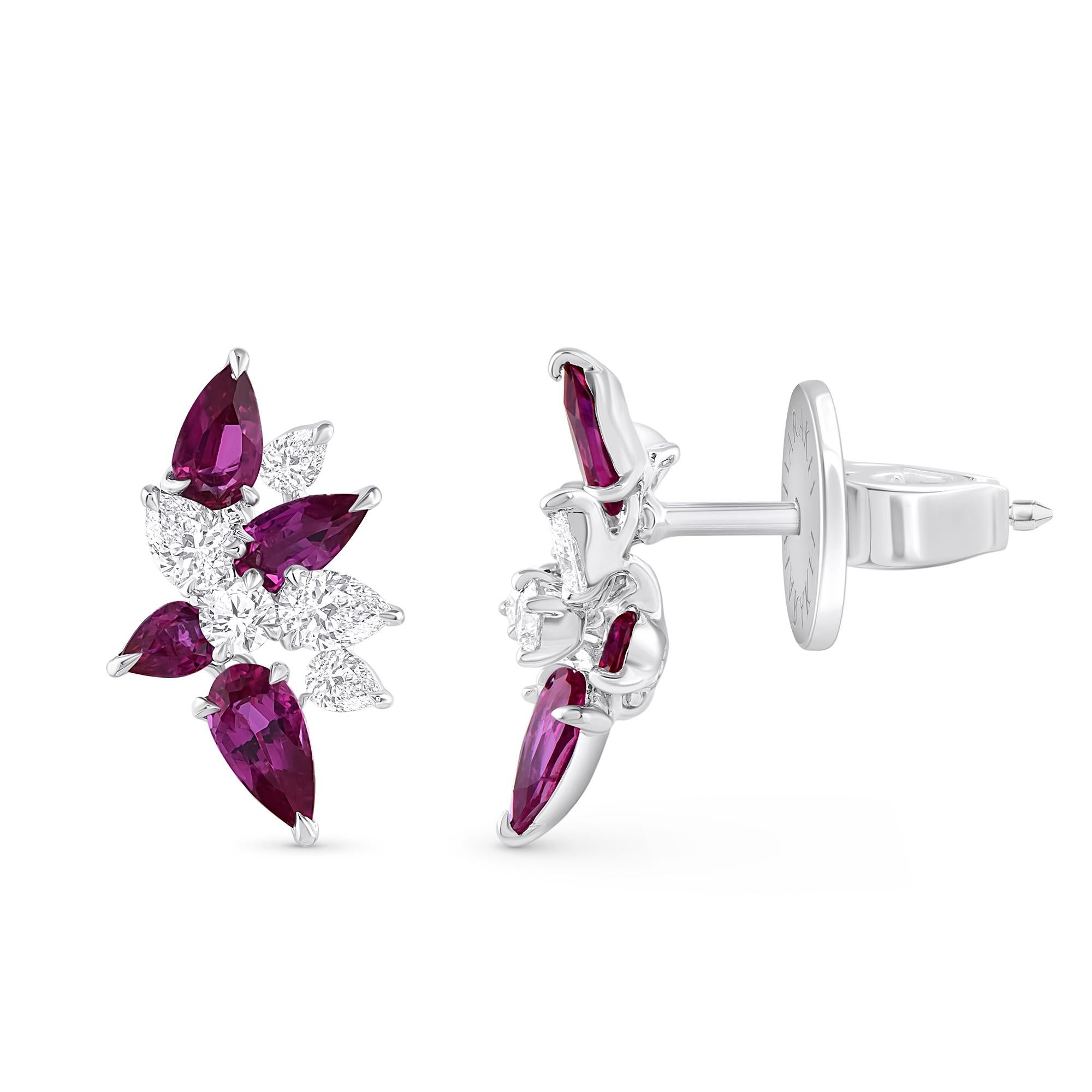 HARAKH 3/4 CT Pendientes de Diamante Natural Incoloro y Rubí 18KT Oro Blanco Contemporáneo en venta