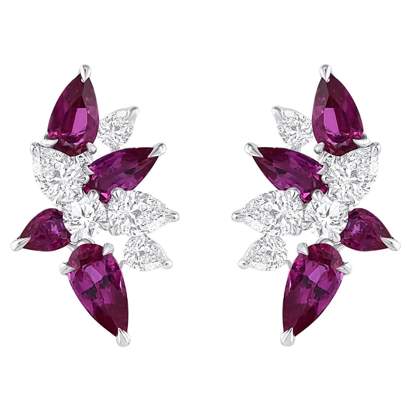 HARAKH 3/4 CT Natural Colorless Diamond & Ruby Stud Earrings 18KT White Gold