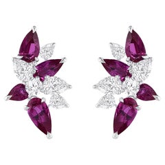 HARAKH 3/4 CT Natural Colorless Diamond & Ruby Stud Earrings 18KT White Gold