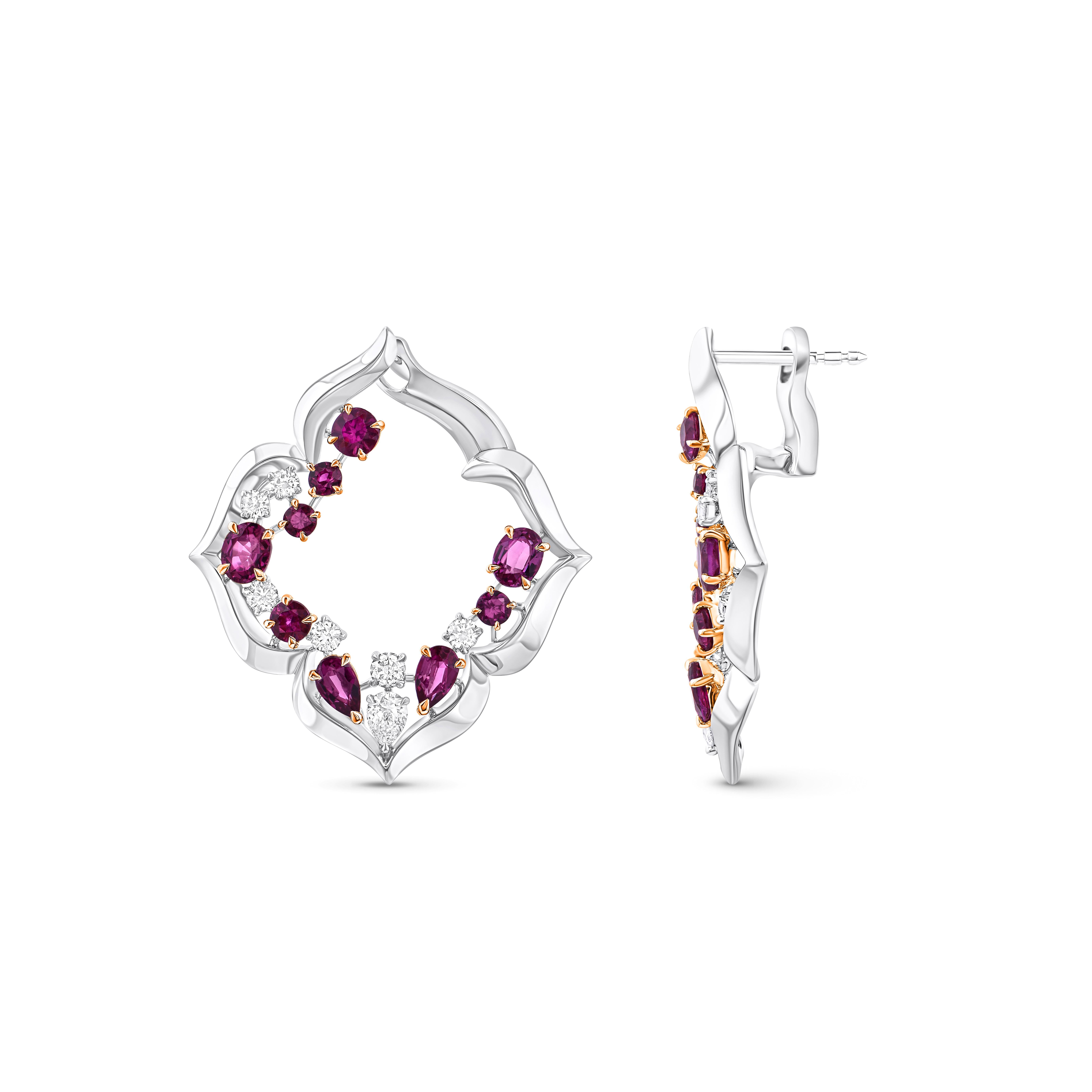 Contemporary HARAKH 3/4 CT Natural Colorless Diamond & Ruby Mandala Earring 18KT White Gold For Sale