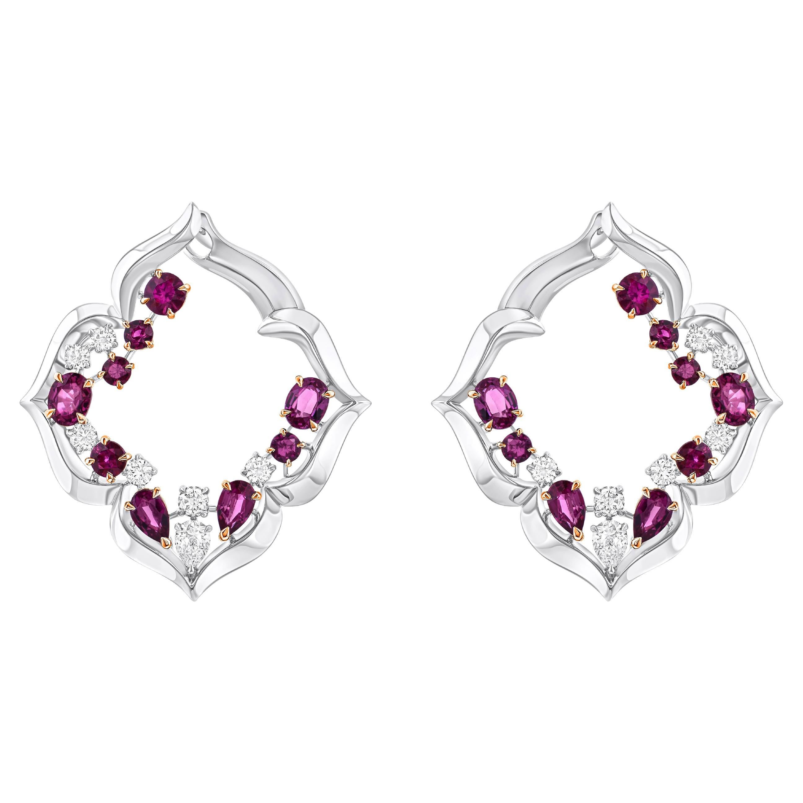 HARAKH 3/4 CT Natural Colorless Diamond & Ruby Mandala Earring 18KT White Gold For Sale