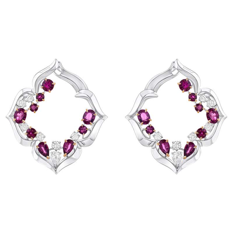 HARAKH 3/4 CT Natural Colorless Diamond and Ruby Stud Earrings 18KT ...