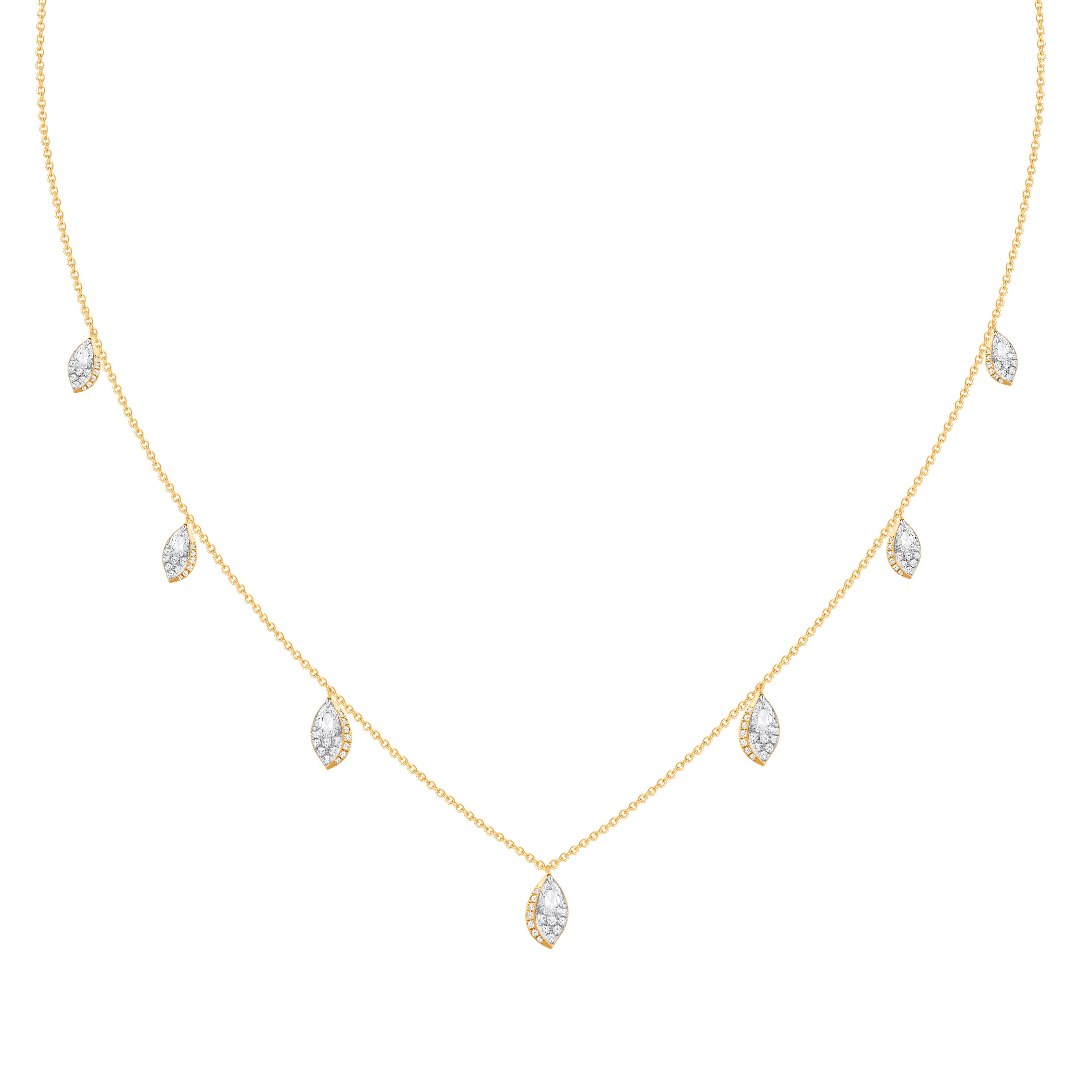 Inspired by the fragrant frangipani flower that symbolizes immortality, beauty, resilience, and quiet grace—this enchanting necklace blooms with refined brilliance. Crafted in radiant 18KT yellow gold, the design is adorned with 75 brilliant-cut