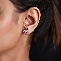 HARAKH 3/4 CT Natural Colorless Diamond & Ruby Stud Earrings 18KT White Gold