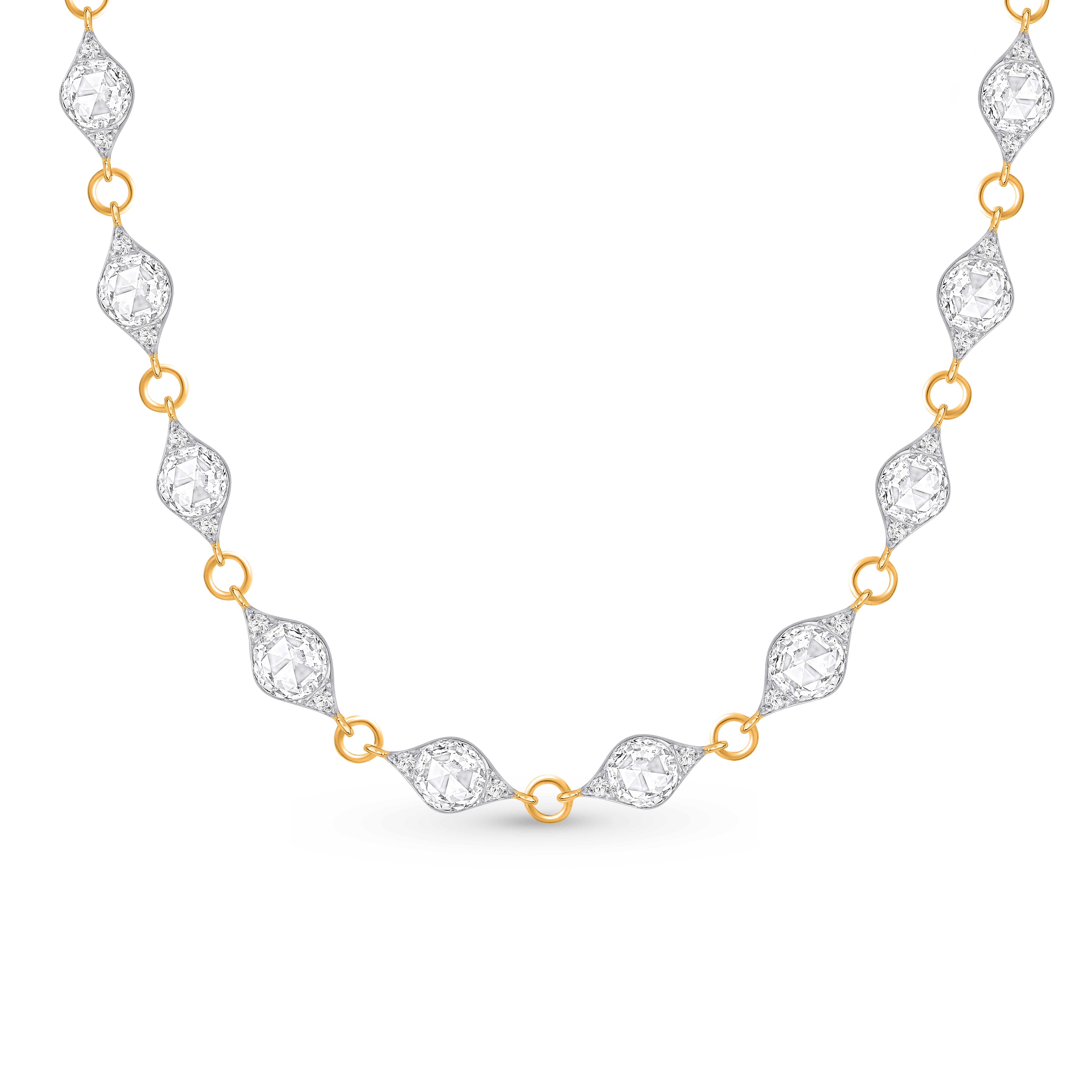 The Mandala Collection necklace is studded with brilliant and rose cut diamonds and beautifully crafted in 18kt white and yellow gold. The diamonds are graded as F color and VS2 clarity. The total diamond weight is 3 7/8 carat.

This necklace will