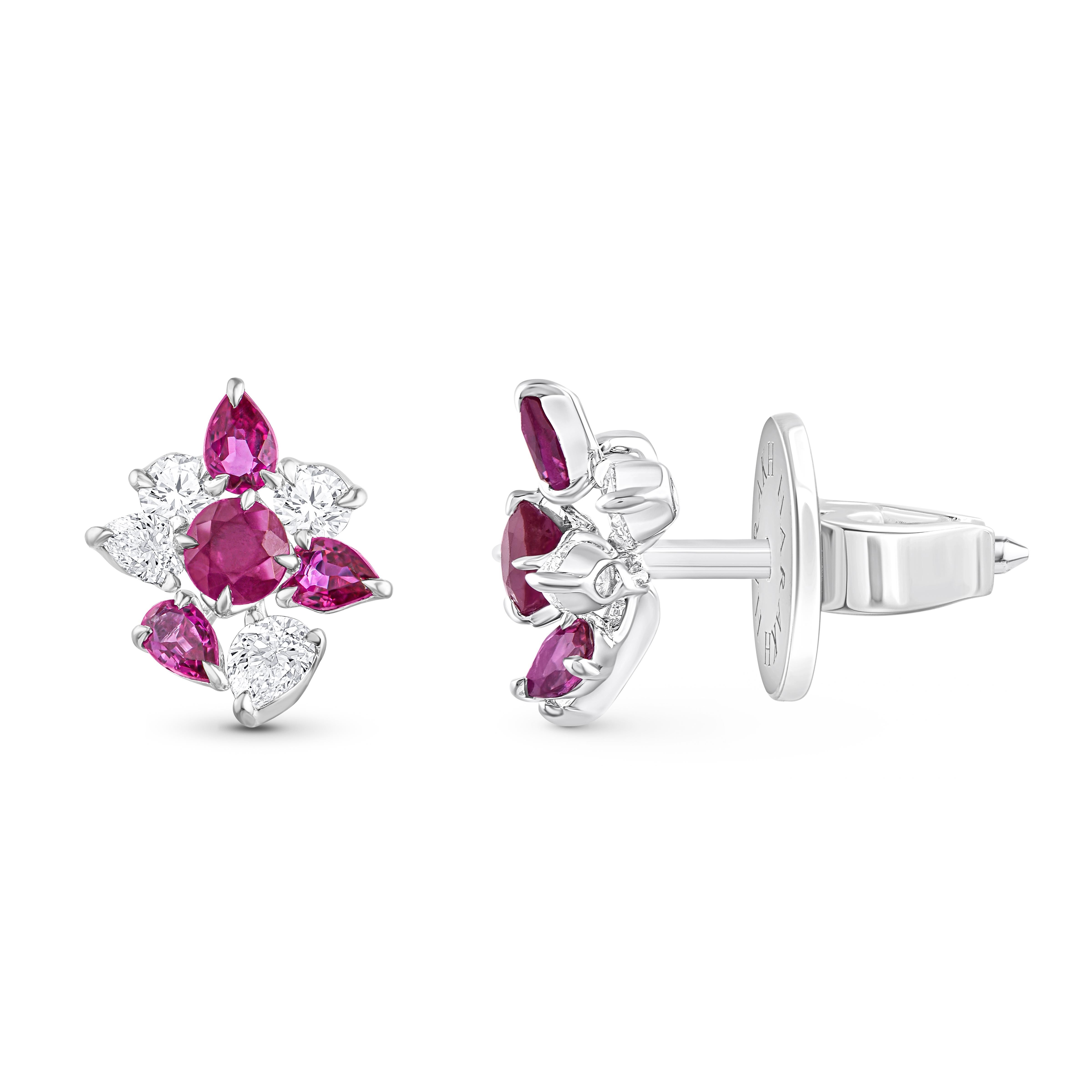 Contemporary HARAKH 3/8 CT Natural Colorless Diamond Brilliant Cut & Ruby Stud Earrings For Sale