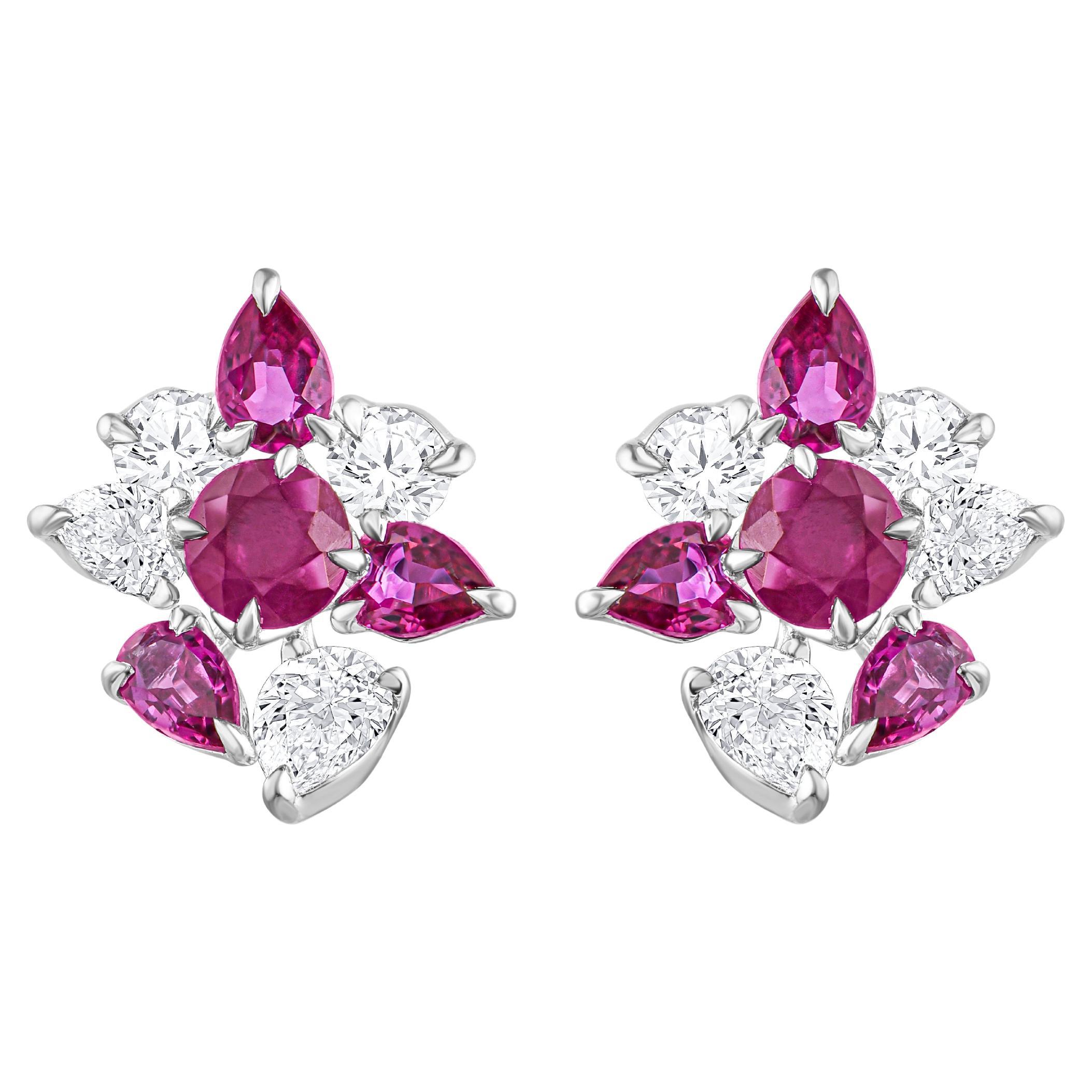 HARAKH Pendientes de 3/8 CT de diamante incoloro natural talla brillante y rubí