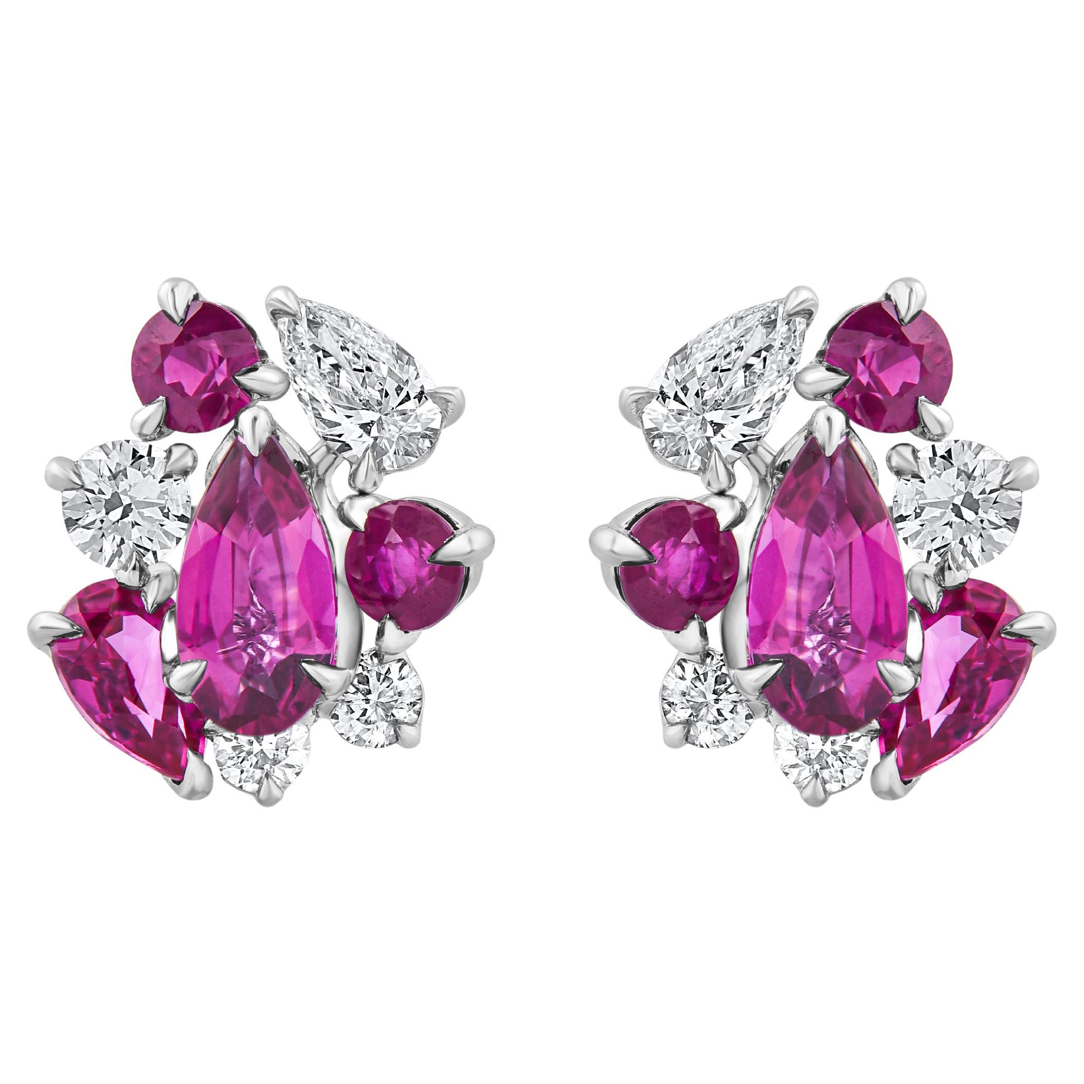 HARAKH 3/8 CT Brilliant Cut Colorless Diamond and Ruby Cascade 18k Gold Earrings