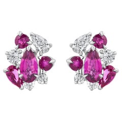 HARAKH 3/8 CT Brilliant Cut Colorless Diamond and Ruby Cascade 18k Gold Earrings