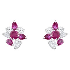HARAKH 3/8 CT Natural Colorless Diamond Brilliant Cut & Ruby Stud Earrings