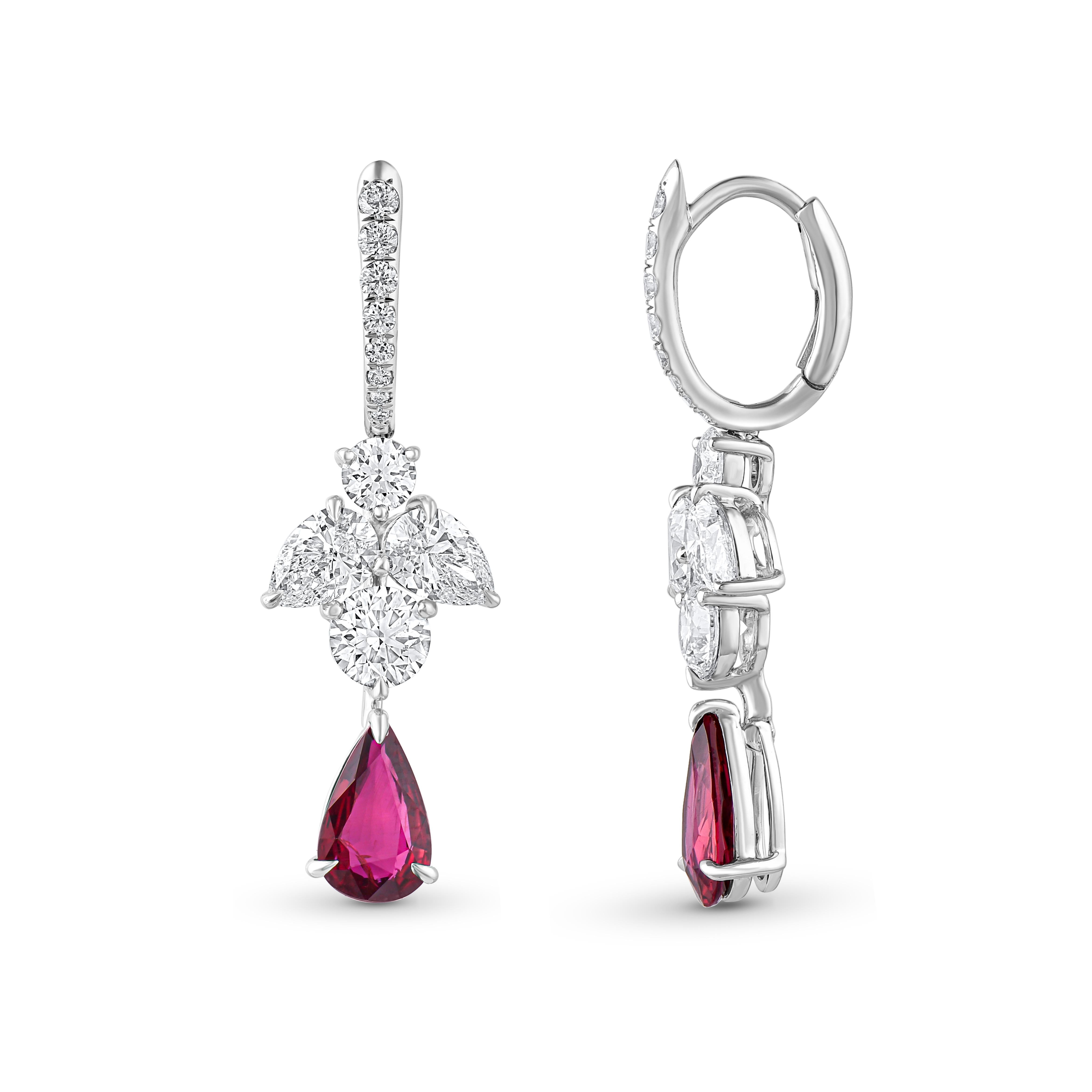 Contemporary HARAKH 3 Carat Brilliant Cut Colorless Diamond and Ruby Gemstone Earrings For Sale