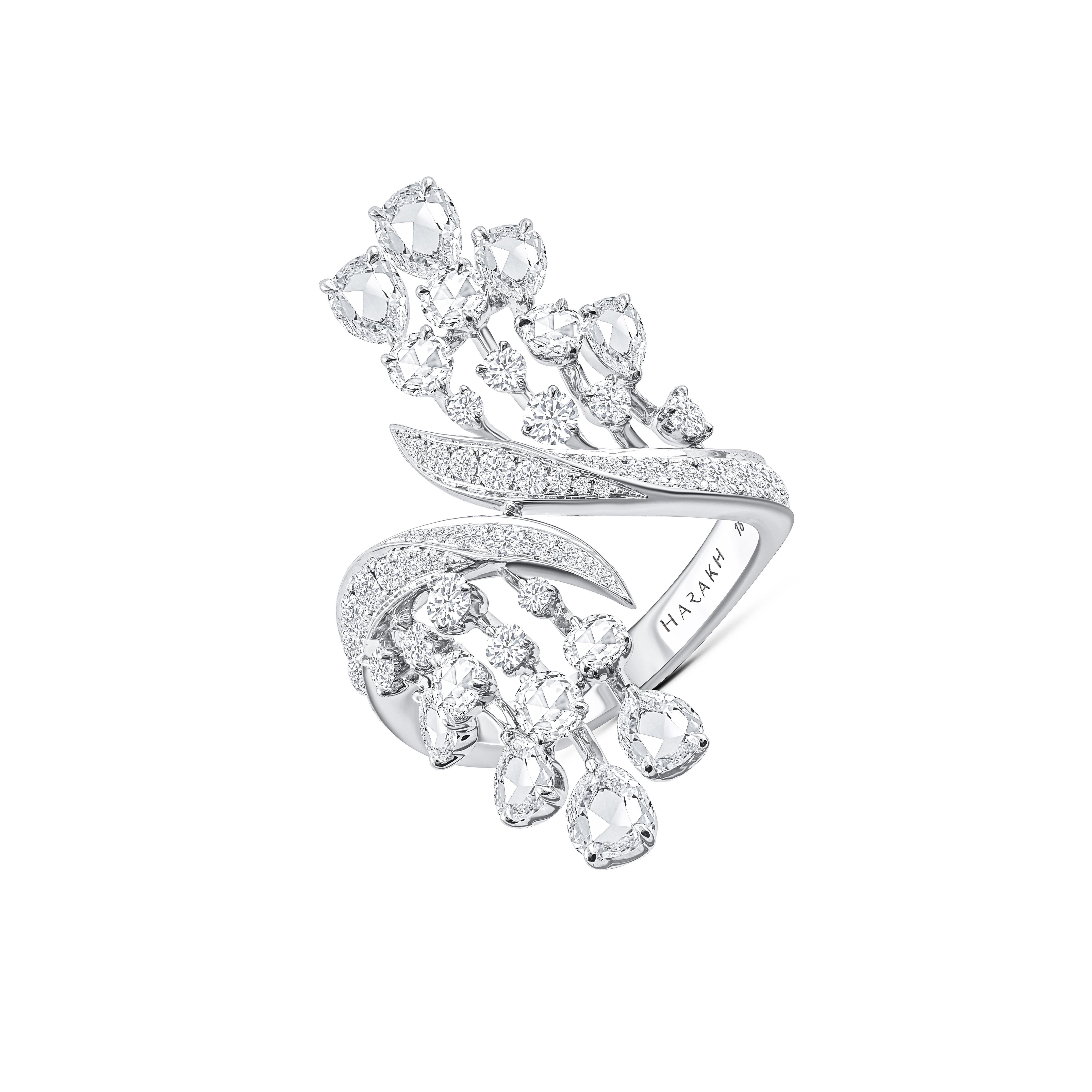 Harakh 3 Karat farbloser Diamant Cascade Cocktail Ring in 18kt Weißgold (Moderne) im Angebot