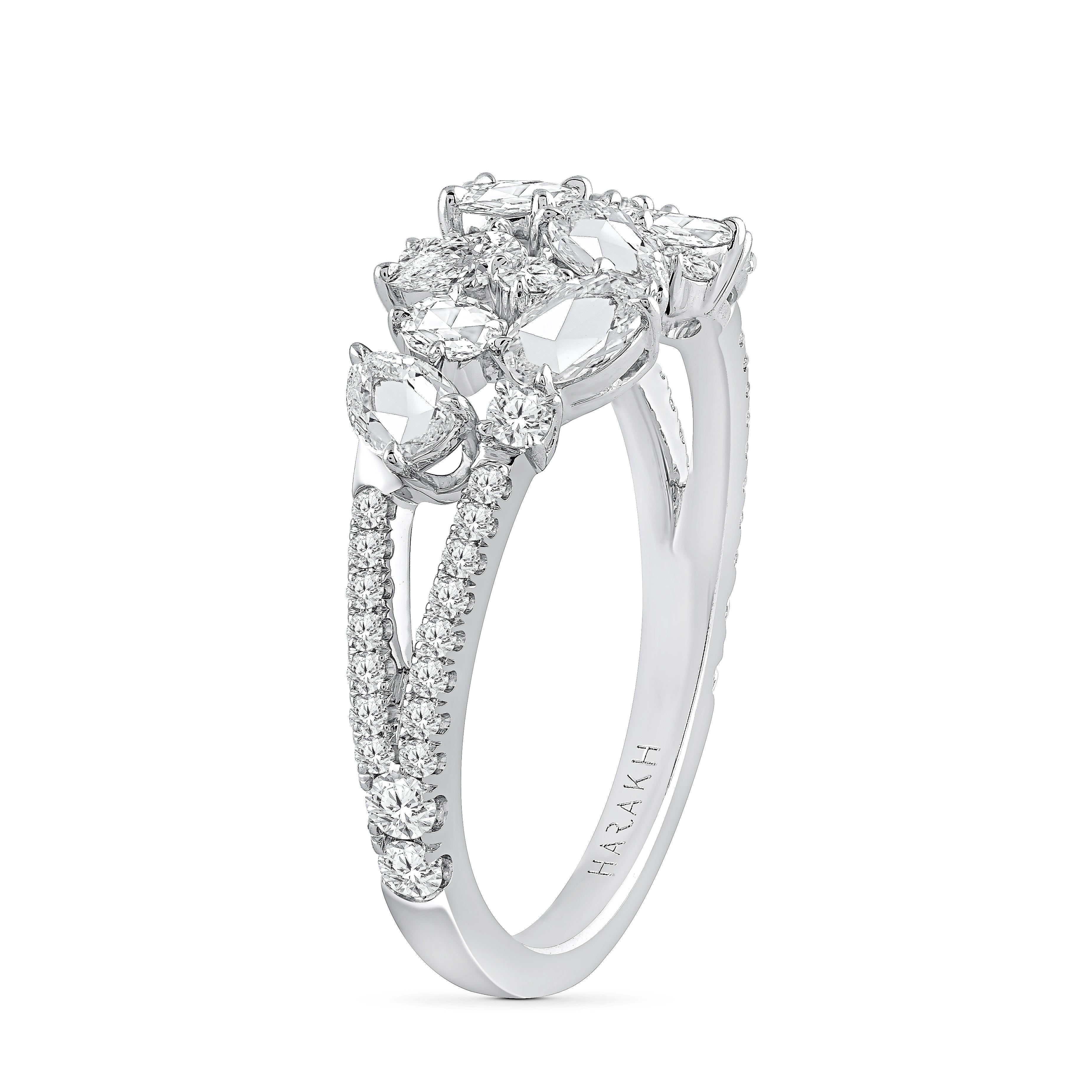Harakh 3 Karat farbloser Diamant Cascade Cocktail Ring in 18kt Weißgold (Rosenschliff) im Angebot