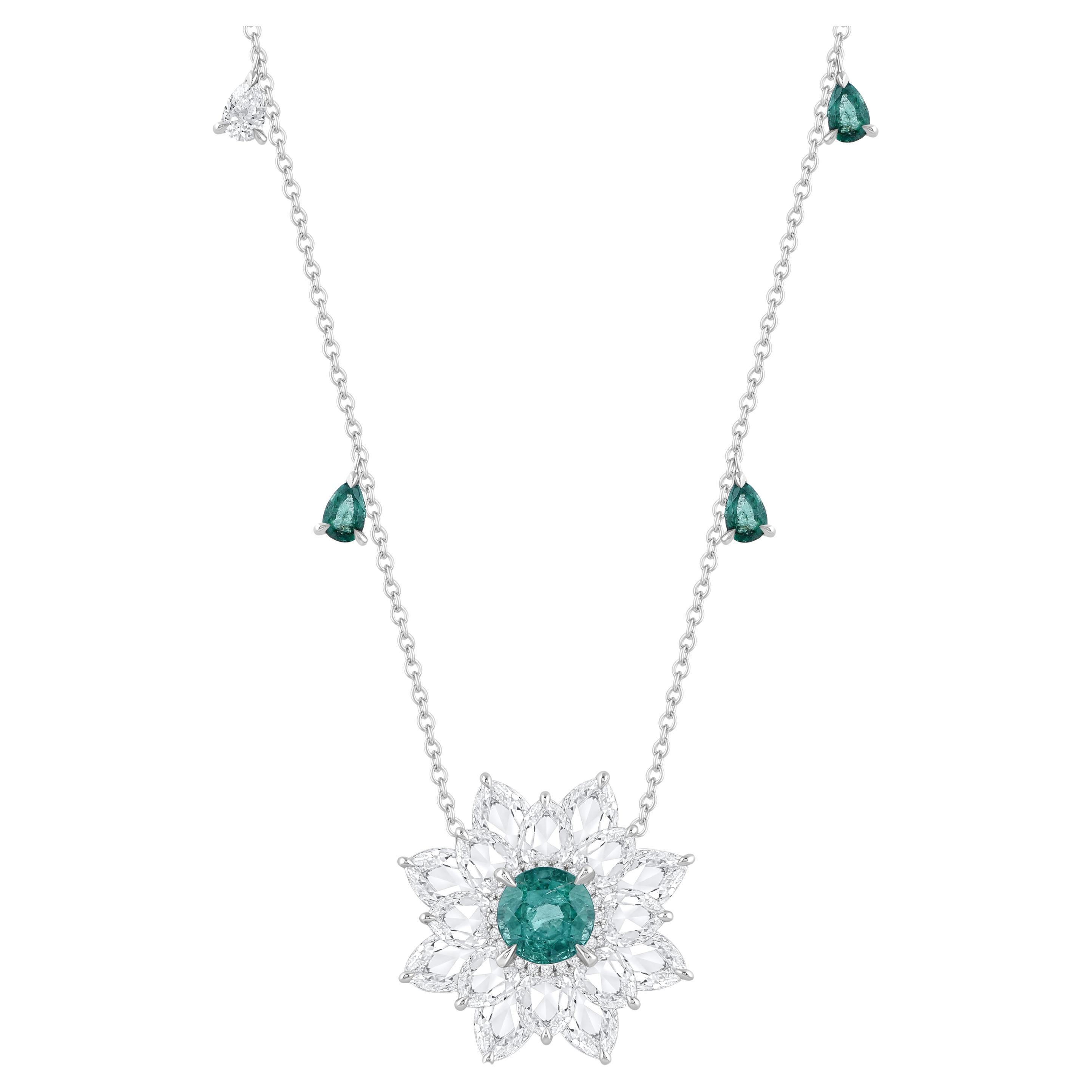 HARAKH 3 CT Colorless Diamonds & Emerald Lotus Petals Cascade 18k gold Necklace