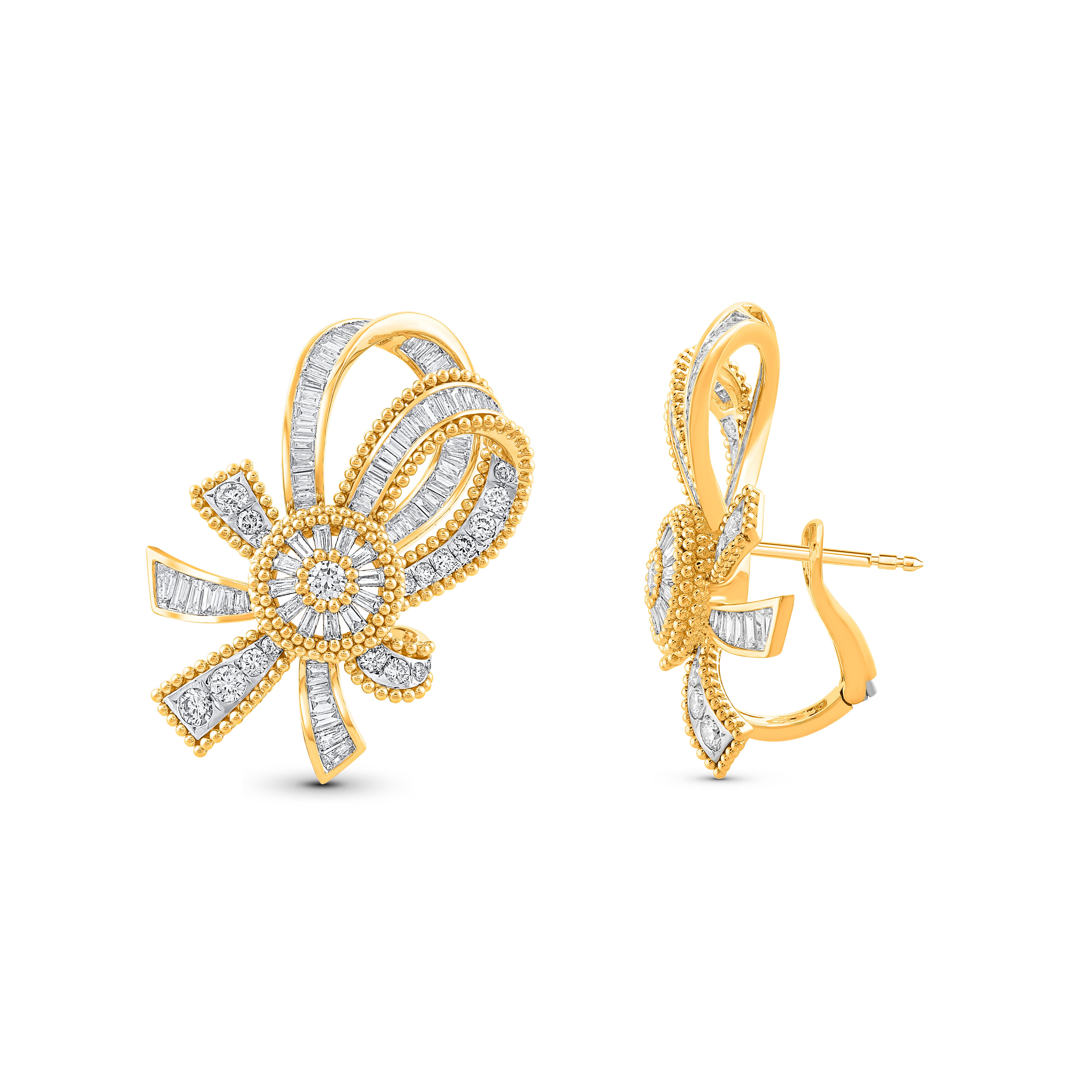 Inspired by the journey of the sun’s rays traveling through space and time to brighten our world, these bow earrings are crafted in 18KT yellow gold. An artisanal form of embroidery known as pota is recreated especially for gold using delicate