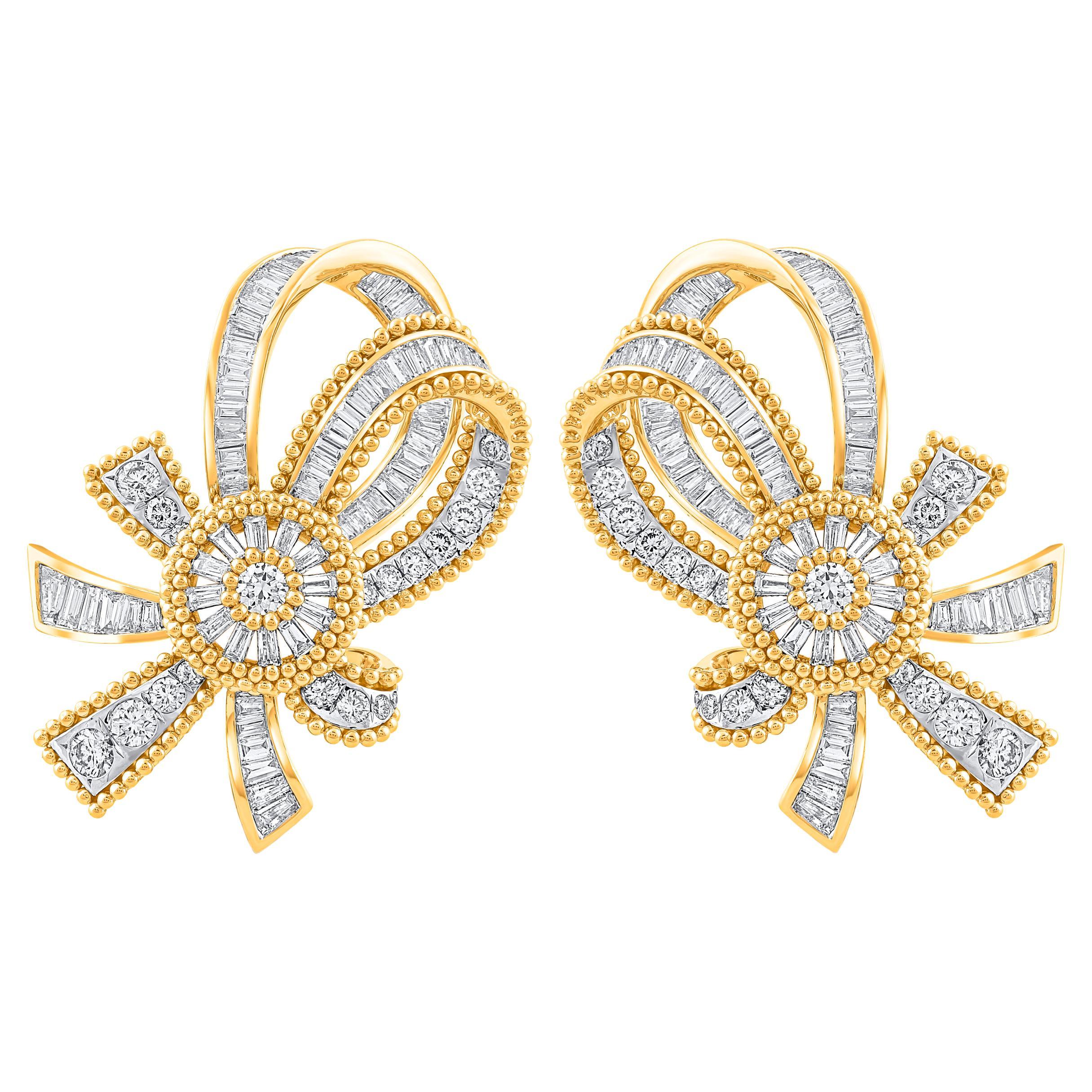 HARAKH 3.00 CT Colorless Diamond 18 Karat Yellow Gold Bow Sunlight Earrings For Sale